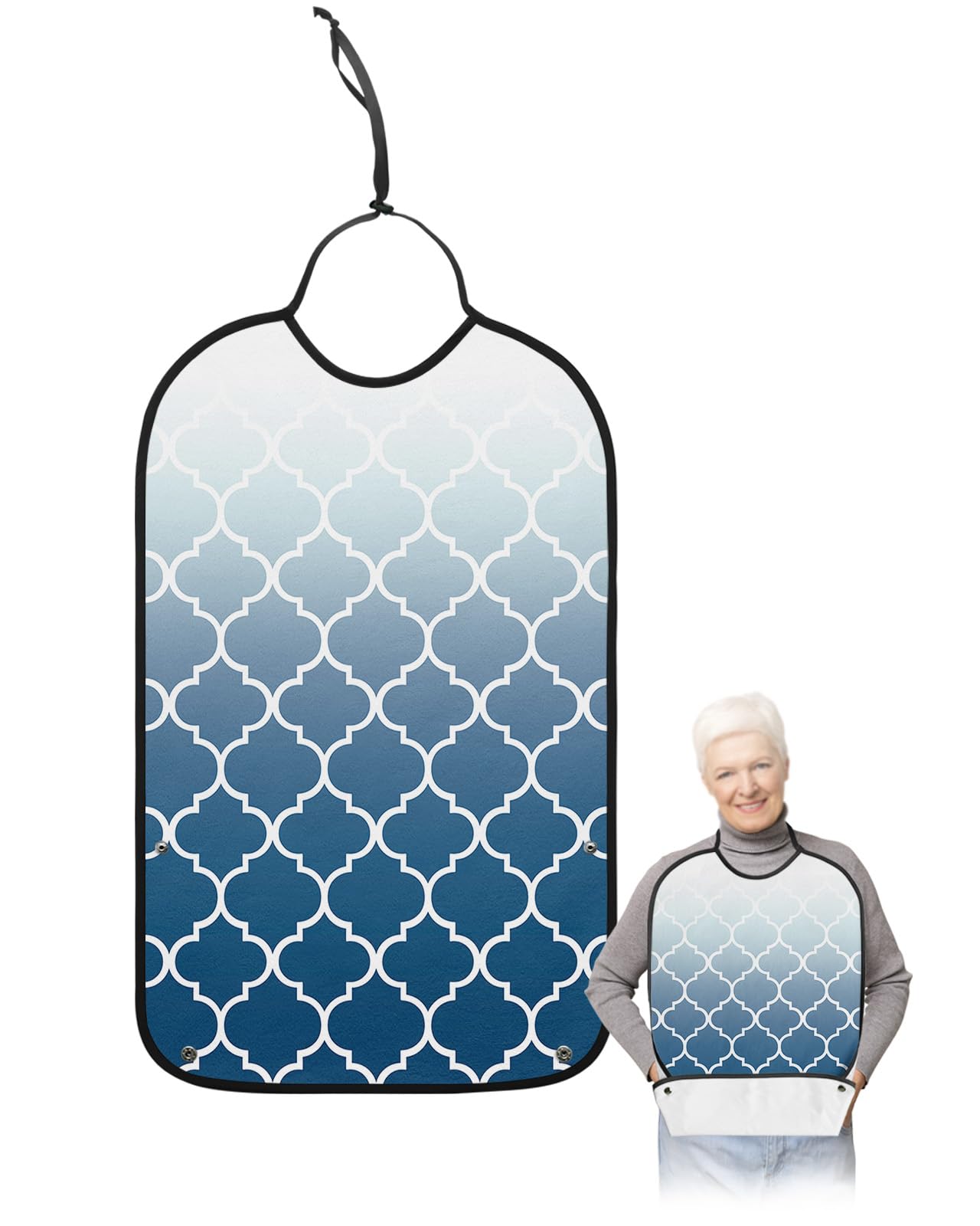 Navy Blue White Ombre Morocco Pattern Adult Bibs for Eating, Waterproof Bibs with Food Catcher & Adjustable Snap Closure, Modern Moroccan Geometric Clothing Protectors Adult Bibs for Elderly Women/Men