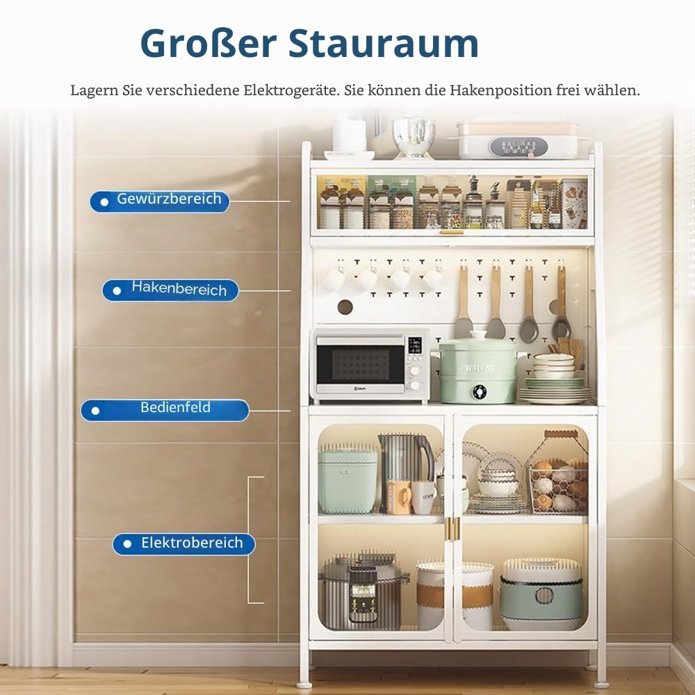 Küchenschrank, Buffetschrank Küchenschränke, 5-stufiges Vorratsschrank,Mikrowellenschrank mit Close-Funktion,erstellbare Einlegeböden und Kabelloch mit Sichtbare Türen Schwarz (66x36x164cm)