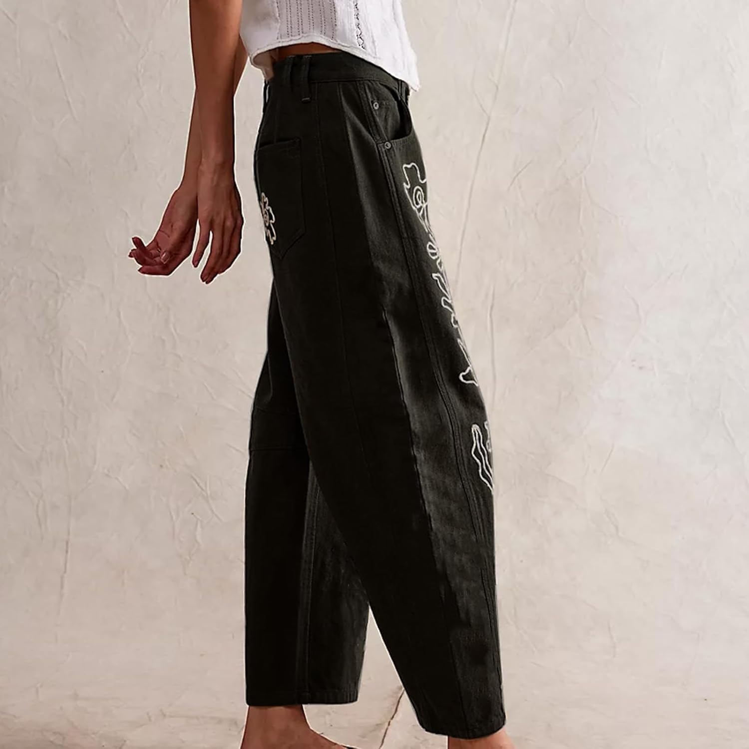 YSW Embroidered Mid Rise Jeans for Women Baggy Boyfriend Jean Boho Barrel Horseshoe Vintage Pants - Image 2