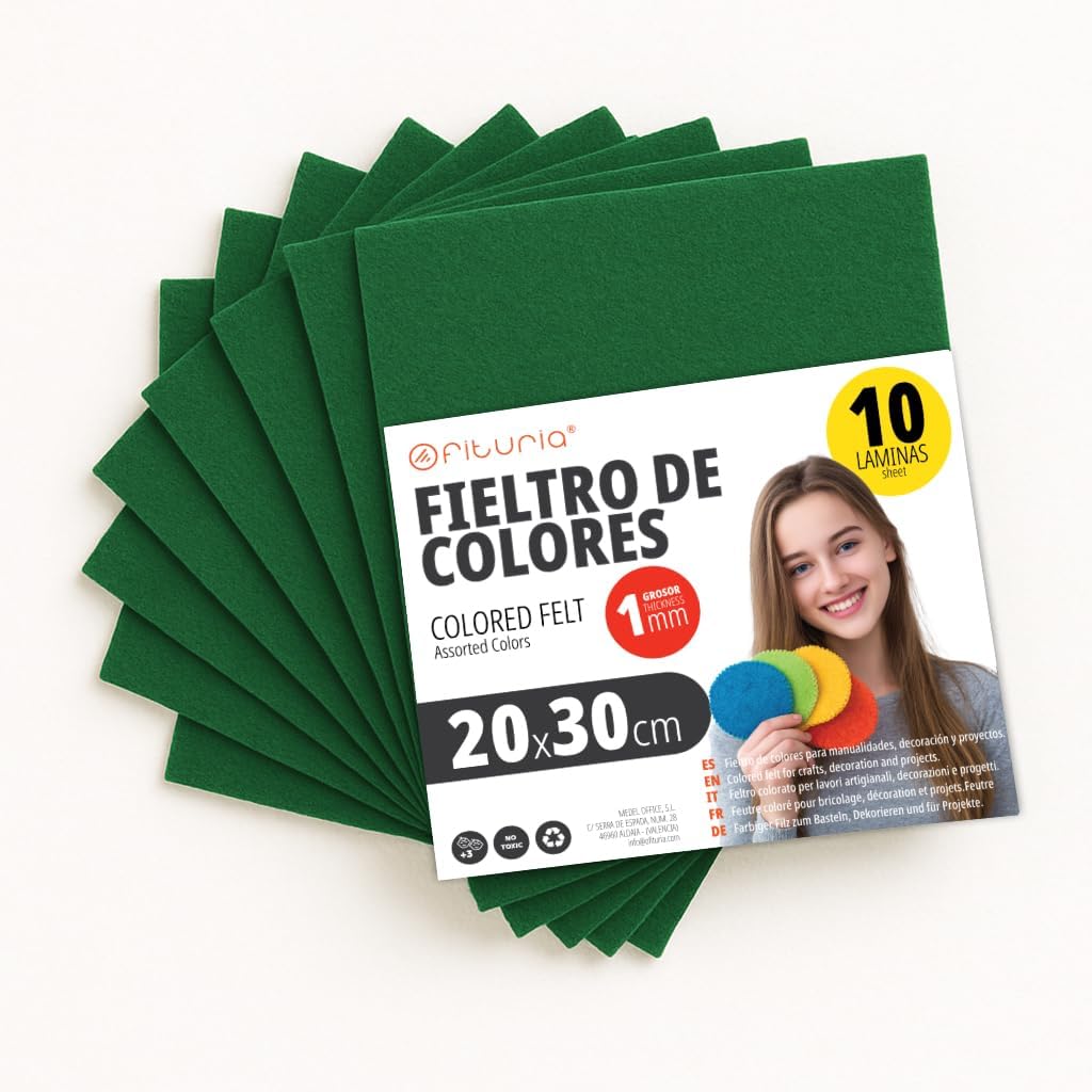 OFITURIA Craft Felt for DIY Projects, Colourful Felt Fabrics for Patchwork, Sewing, School, Art and Decoration 20 x 30 cm (Dark Green, Pack of 10)