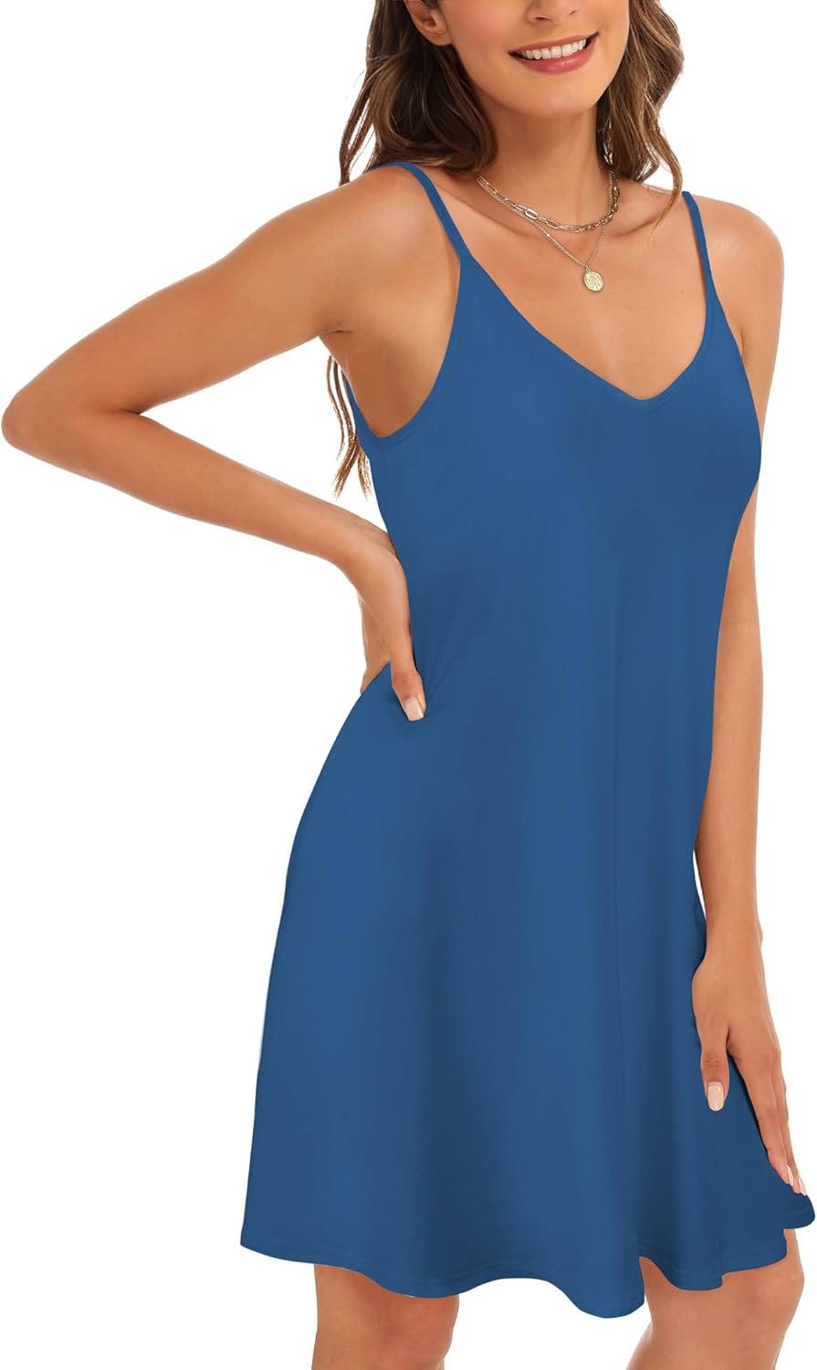 Womens Swimsuit Cover Up Summer Spaghetti Strap Casual Bathing Suit, Sleeveless Beach Sundresses Dress with Pokets - Image 3