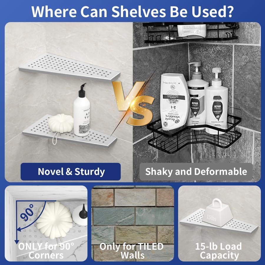 Miniatura 4 de Estante de ducha esquinero, estante flotante trapezoidal cepillado de 12 pulgadas, diseño de rejilla de acero inoxidable 304, estante de baño