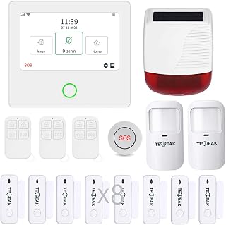 TECPEAK Drahtloses Hausalarmanlage mit Touchscreen, unterstützt WLAN/GSM/2G/4G, inkl. Zentralalarm, Tür-/Fenstersensor, Kontaktsensor, Bewegungsmelder, Solar-Alarmsirene für den Außenbereich
