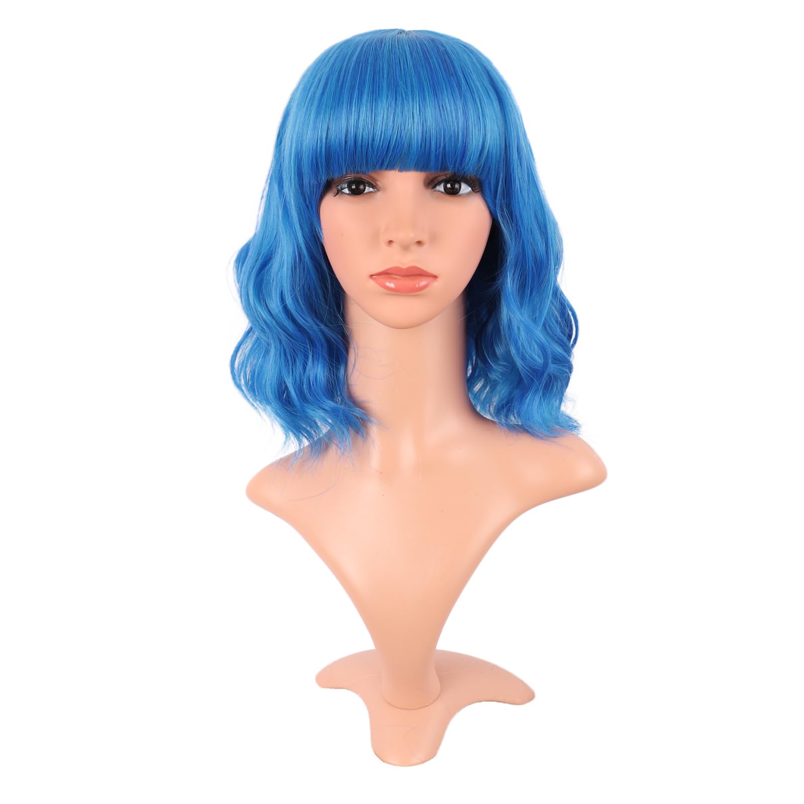 MapofBeauty 14 Pollice/35 cm Corto Wavy Bob Parrucche Con Frange Shoulder Lunghezza Ricci Parrucche Flat Bang Capelli Sintetico Parrucca (Misto Vivid Blu)
