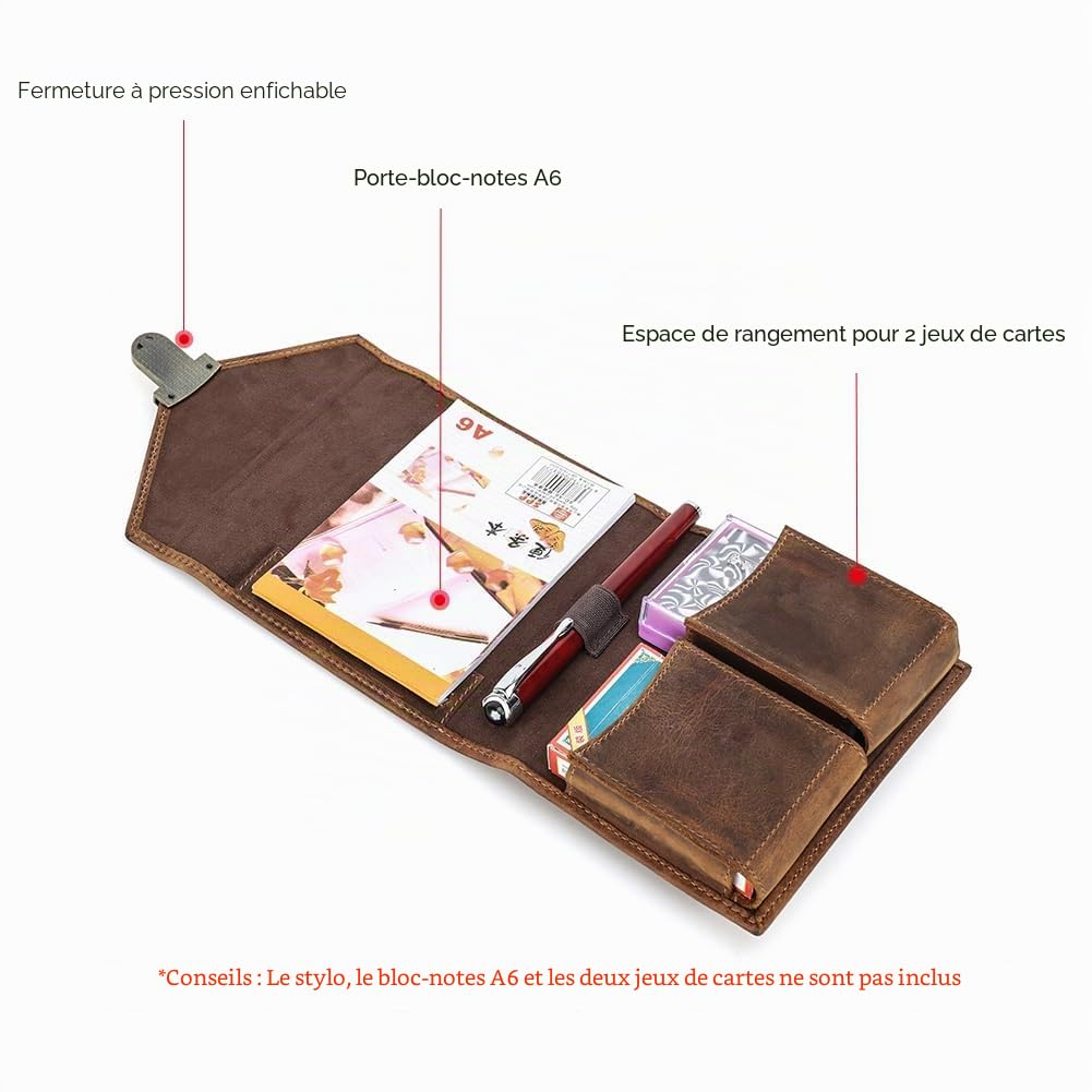 CONTACTS Étui en cuir véritable pour cartes à jouer avec stylo et bloc-notes pour voyage en plein air, boîte à 2 jeux de cartes marron, organiseur de jeu de cartes pour 2 jeux de cartes, jeu de scores