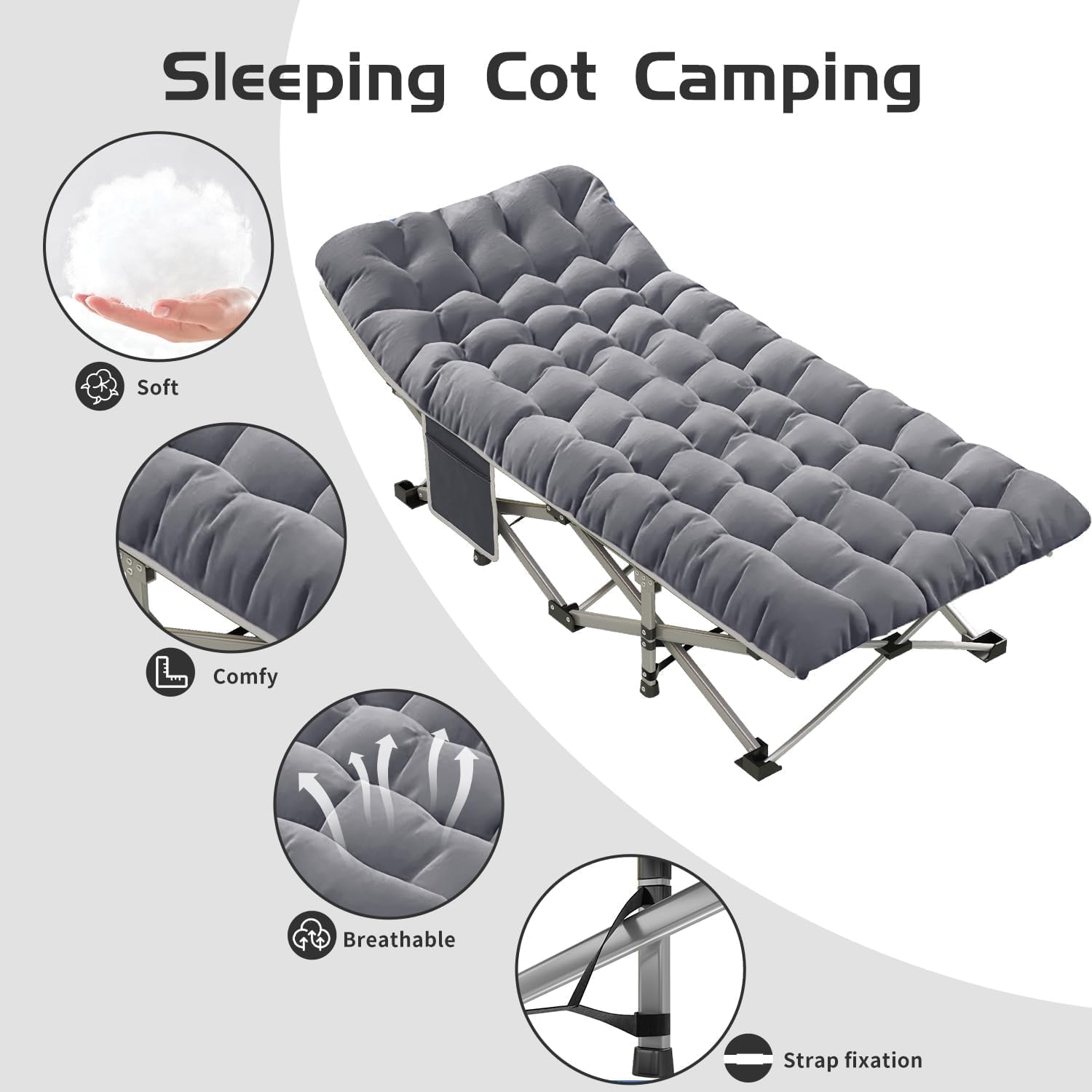 Camping Cot, Camping Cot for Adults, Heavy Duty Folding Bed with Mattress，Portable Cot Bed with Carry Bag, Outdoor & Home Office Nap, Max Load 600 LBS, Grey