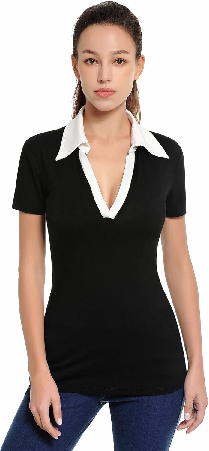 AmélieBoutik Women Color Trim Collared V Neck Short Sleeve Top
