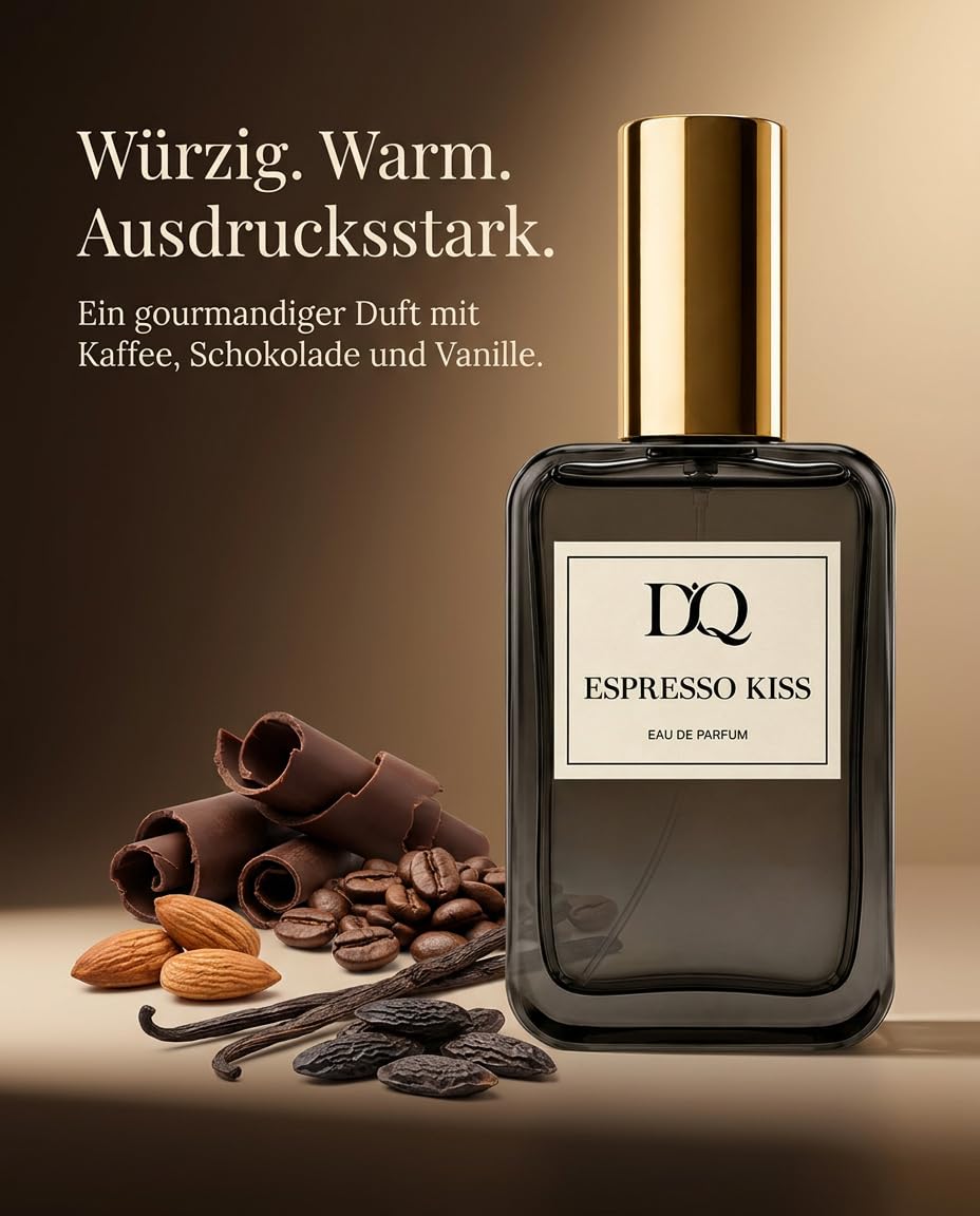 D’QAR ESPRESSO KISS | Eau de Parfum Unisex – Gourmand Parfum mit Kaffee, Schokolade, Rum, Karamell & Vanille – Intensiver warmer Duft für Damen & Herren – 50 ml