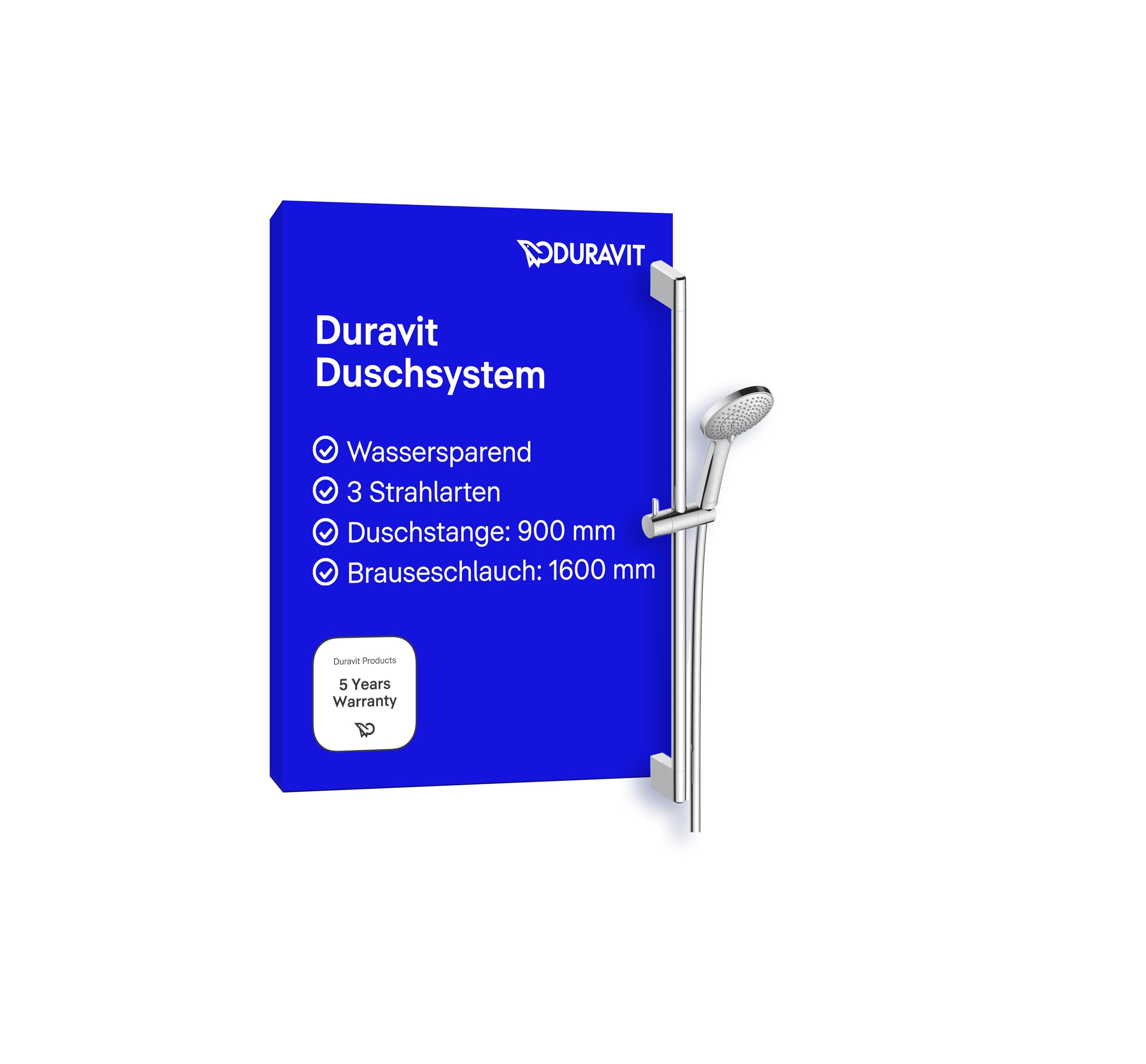 Duravit Universal Duschset, Duschkopf mit 3 Strahlarten (Rain, IntenseRain, SoftRain), wassersparender Duschkopf mit Schlauch, variable Duschstange (900 mm), Duschschlauch (1600 mm), Chrom
