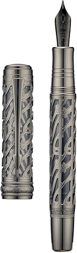 Hongdian - Pluma estilográfica de pistón A6, punta fina y suave, esqueleto hueco negro azabache y bolígrafo de resina con estuche de metal