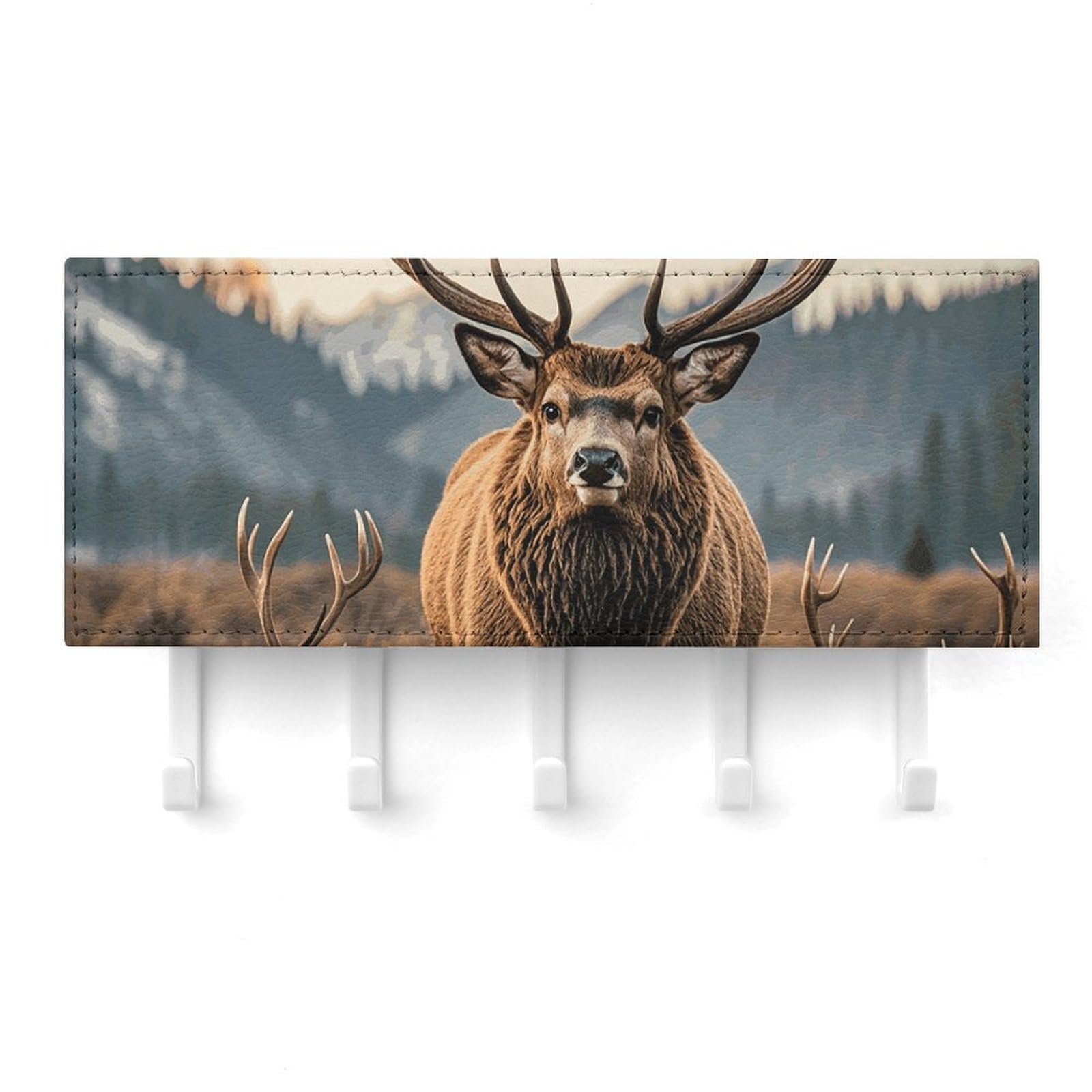 QMNLKH Wildlife Hunting Deer Bear Elk Wall Mounted Key Rack for Home, No Drilling Key Holder with 5 Hooks, Self Adhesive Keys Chain Organizer for Hallway, Keys Hanger Shelf for Office, Doorway White