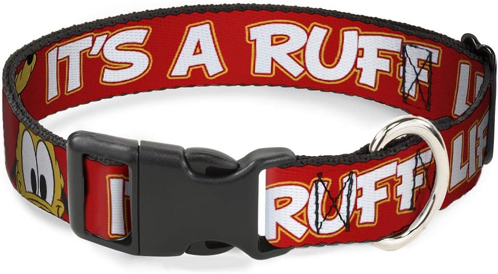 Buckle-Down Dog Collar Plastic Clip Pluto 2 Pose Its A Ruff Life Red Yellow White, Multi Color, 1.5"" Wide - fits 13-18"" Neck - Small (DC-BKSR-WDY375-1.5-S)