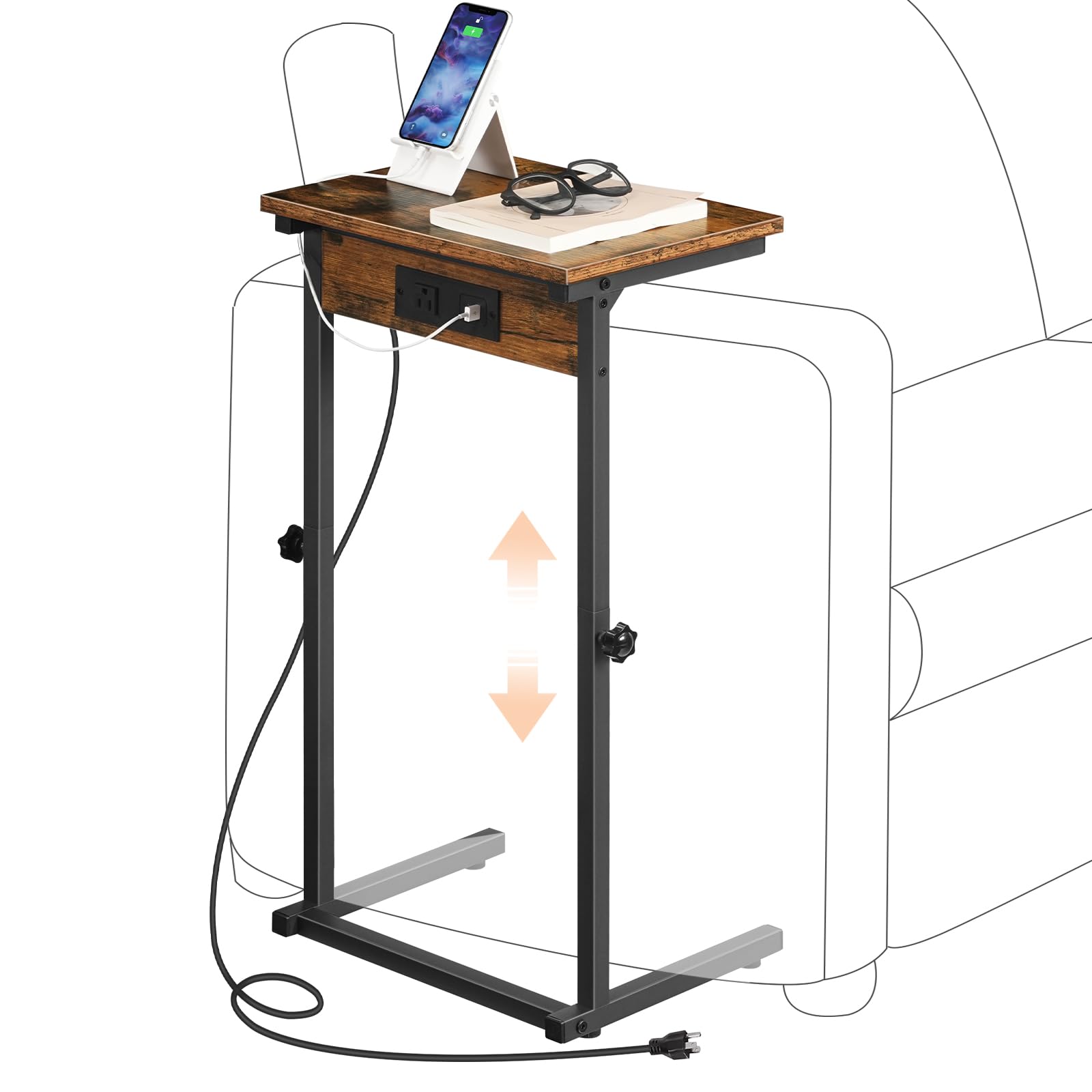 HOOBRO C-Shaped End Table with Charging Station, Adjustable Height Sofa Tray Arm Table, Slide Under Couch Table, Small C Side Table for Small Space in