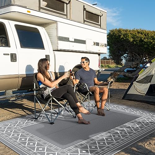 Image of GENIMO Outdoor Rug, Waterproof Plastic Rugs for Patio, 5'x8' Grey White | Outside Larger Modern Carpet Mat for Porch Decor, Deck, Balcony, Camping, RV, Backyard, Picnic, Beach, Reversible, Foldable