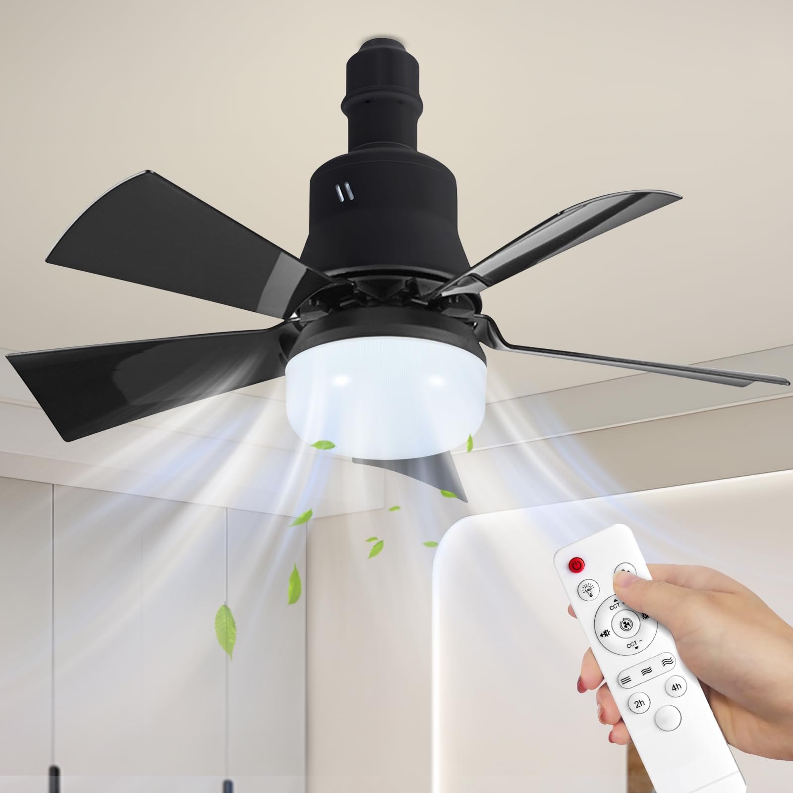 OMUIETIO Ceiling Fan Light, 30W E27 Fan Lights with Remote Control, 3 Speeds & Stepless Dimmable, 2H/4H Timer, 45.5cm Light Bulb Fan, Quiet Fan Light Ceiling for Bedroom, Kitchen (Black)