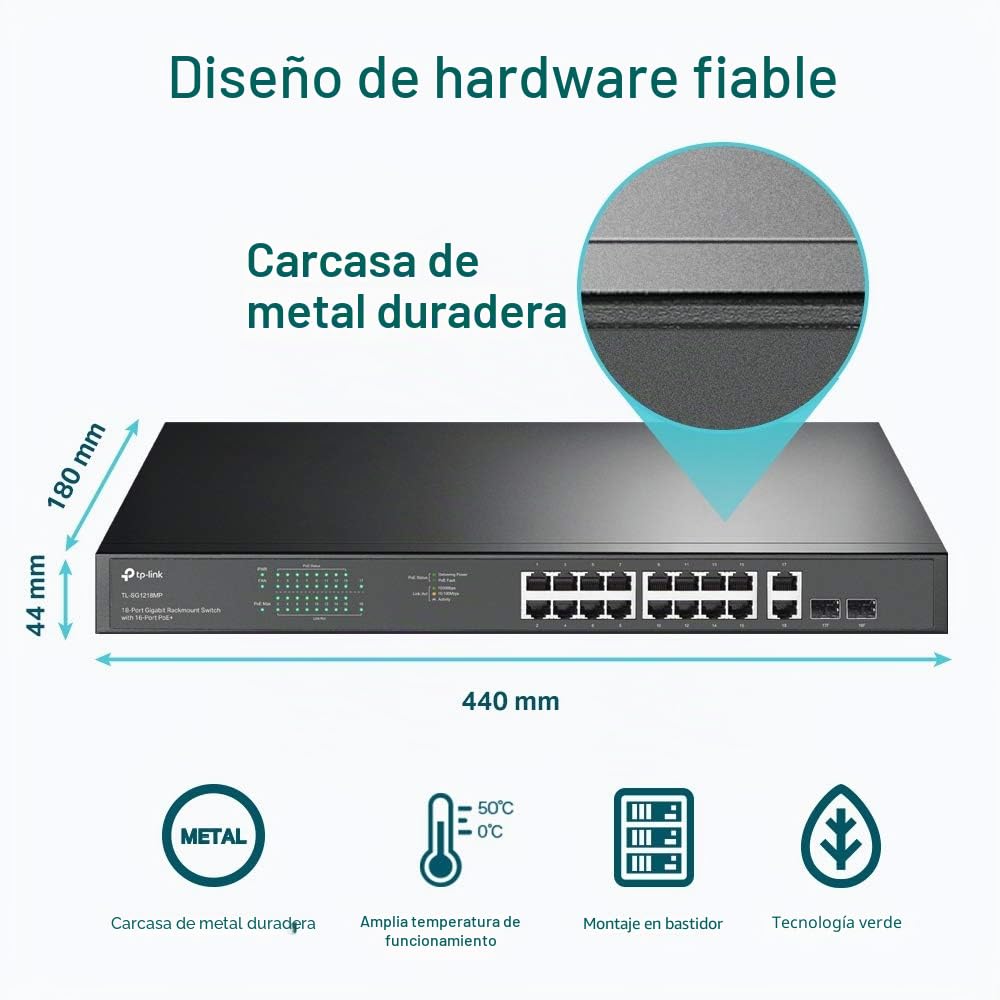 TP-Link TL-SG1218MP 18-Port Gigabit Rackmount Switch with 16 PoE+ (16 PoE+ Gigabit RJ45 Ports, 2 Gigabit Non-PoE RJ45 Ports, 2 Combo Gigabit SFP Slots, 250 W, Rackmount)
