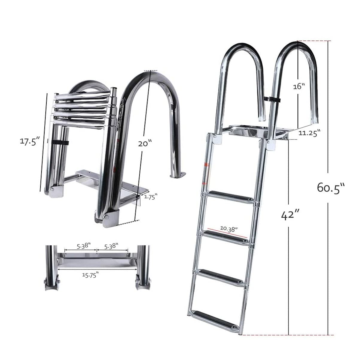 Marinebaby 4 Steps Pontoon Boat Ladder, Stainless Steel Folding