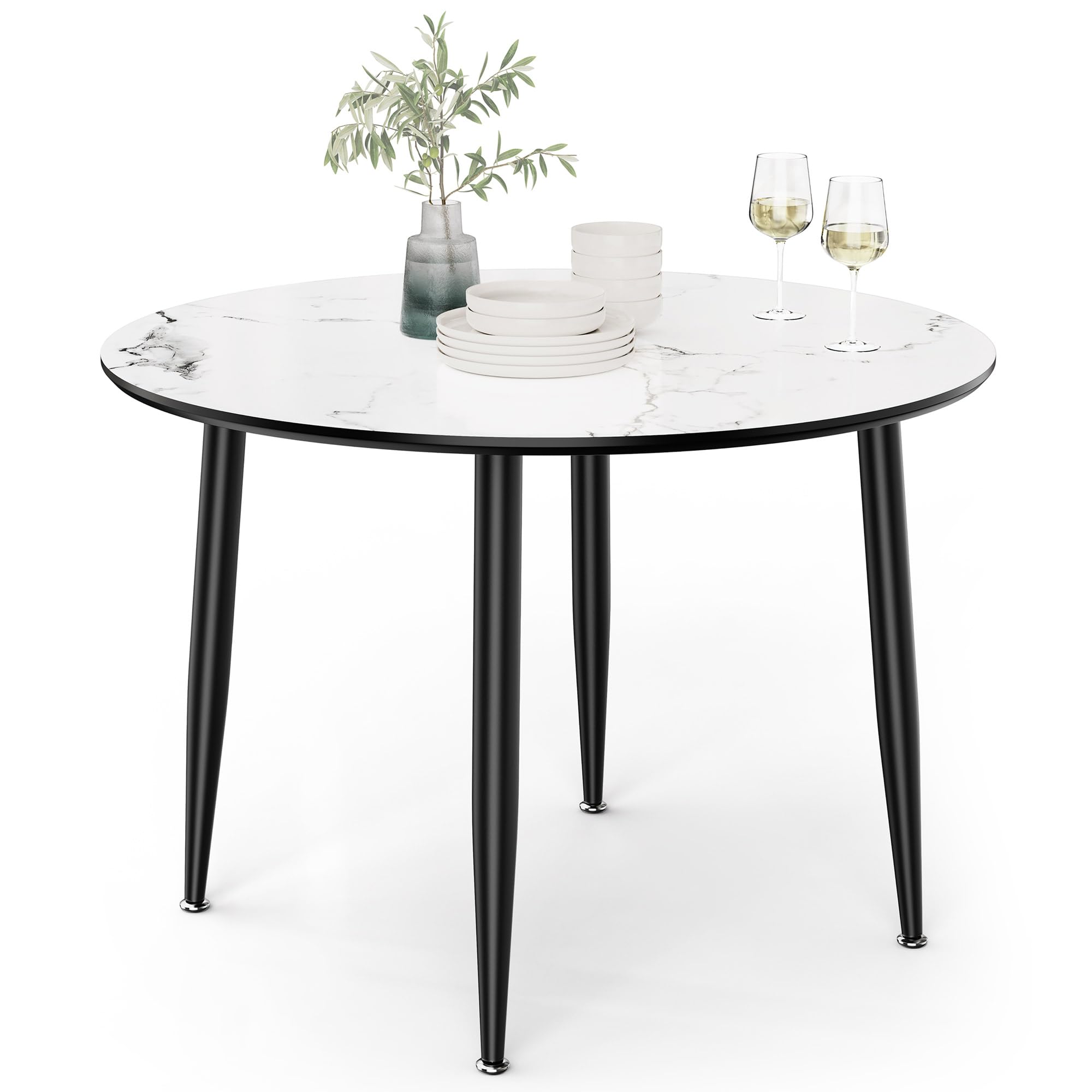 VonHaus Dining Table - 4 Seater Kitchen Table for Dining Room - Round Marble Effect Dinner Tabletop for 4 People - Circular Modern Top with Black Tapered Legs - D110cm x H75cm - Parma