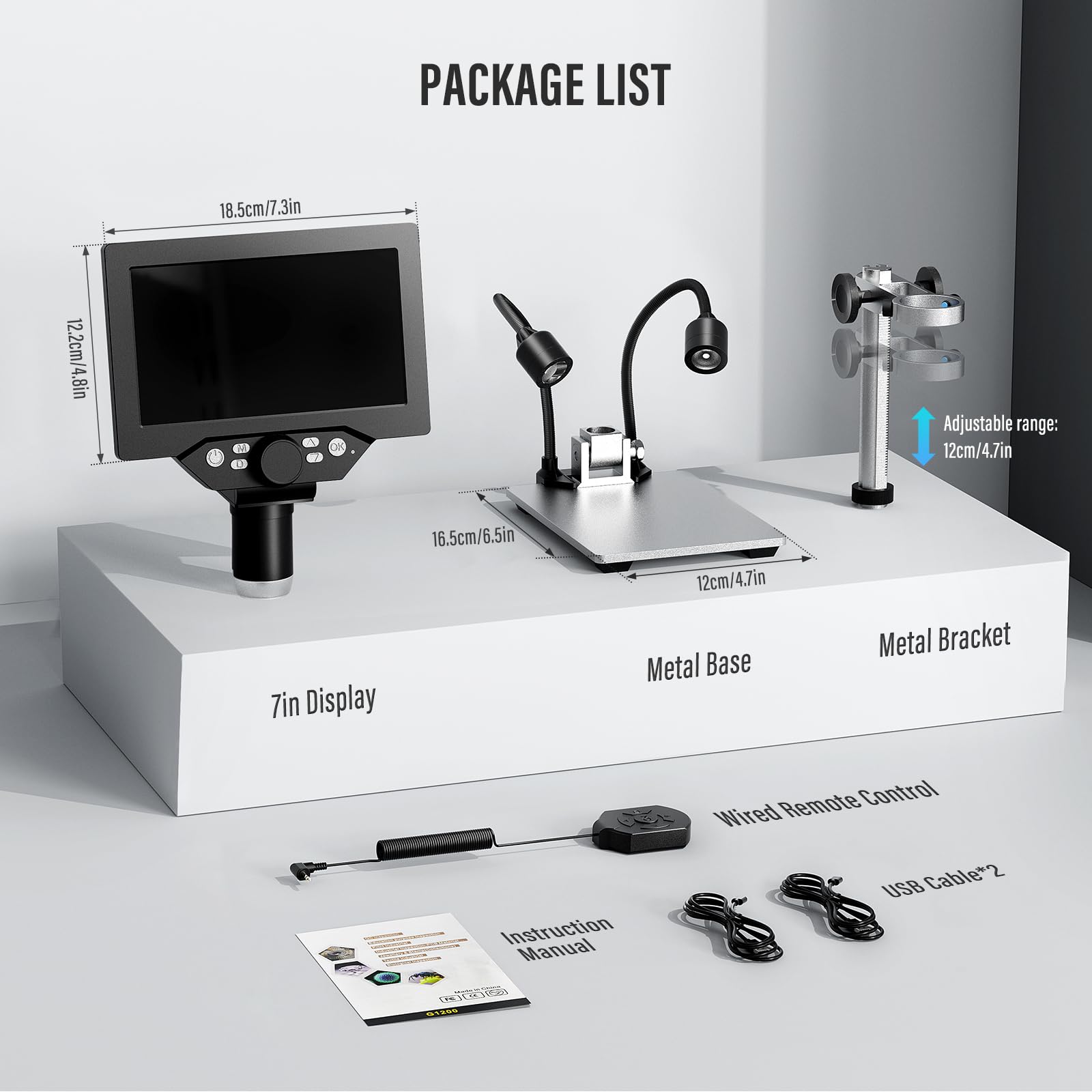 Microscopio Digitale 7 Pollici, Ingrandimento 1200X 12MP Registrazione 1080P con 8 Luci LED Regolabili, Schermo IPS, Connessione PC per Saldatura, Scienza, Istruzione Compatibile con Windows