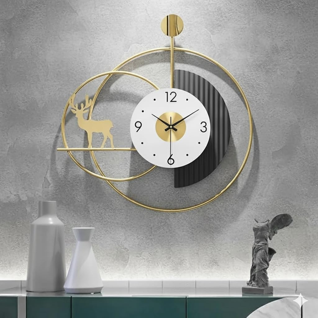 Infinity Decor® Metal Golden Deer Fluted Wall Art Home Decorative New Luxury Modern Design Living Room Bedroom Office Cafe Large Wall Clock (54 x 54 cm)-image-44