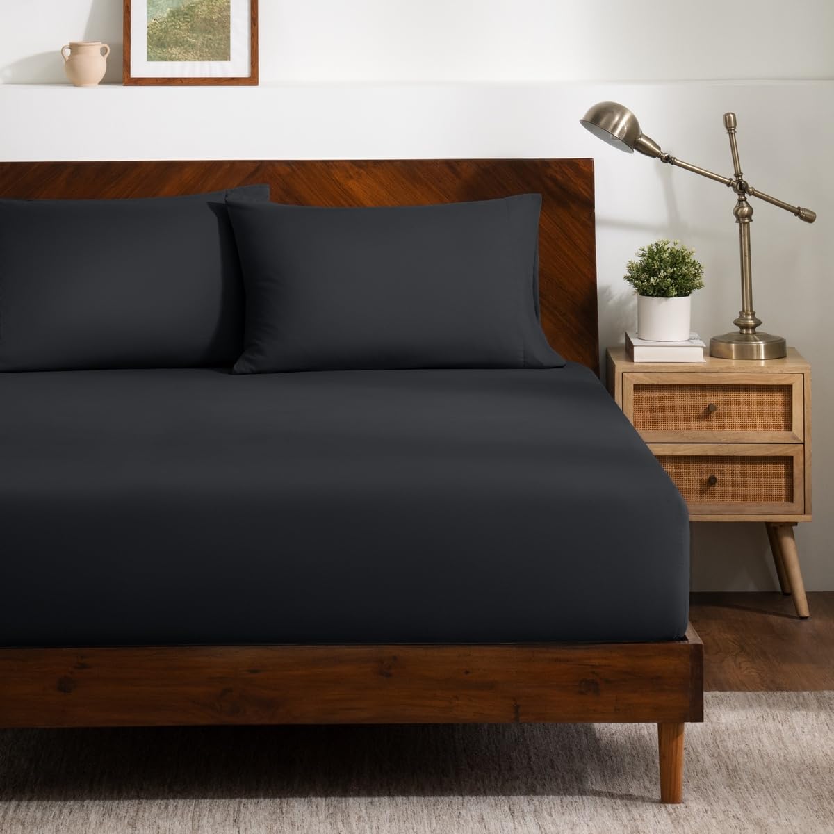 Bare Home Fitted Sheet + Pillowcase Set (Split Head Flex King, Black)
