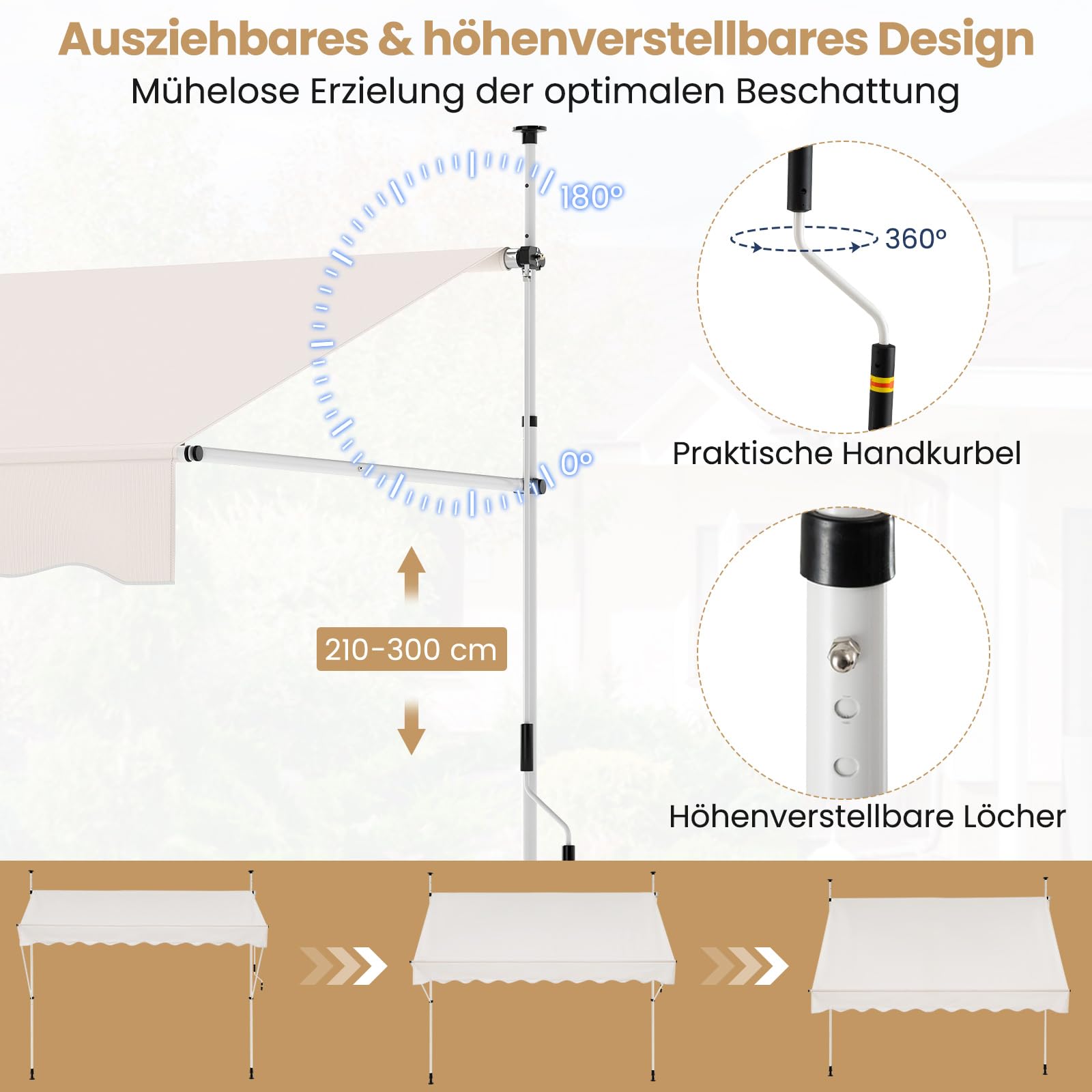 COSTWAY Klemmmarkise, Balkonmarkise ohne Bohren mit Handkurbel, Höhenverstellbar & UV-beständig, Markise Sonnenschutz für Terrasse, Balkon, Garten (400 cm,Weiß)