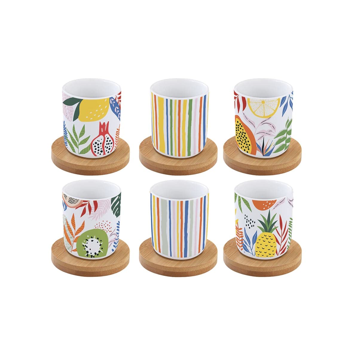 Easy Life - Coffret 6 Tasses A Cafe en Porcelaine sous Tasses en Bois Tutti Frutti - EASYLIFE