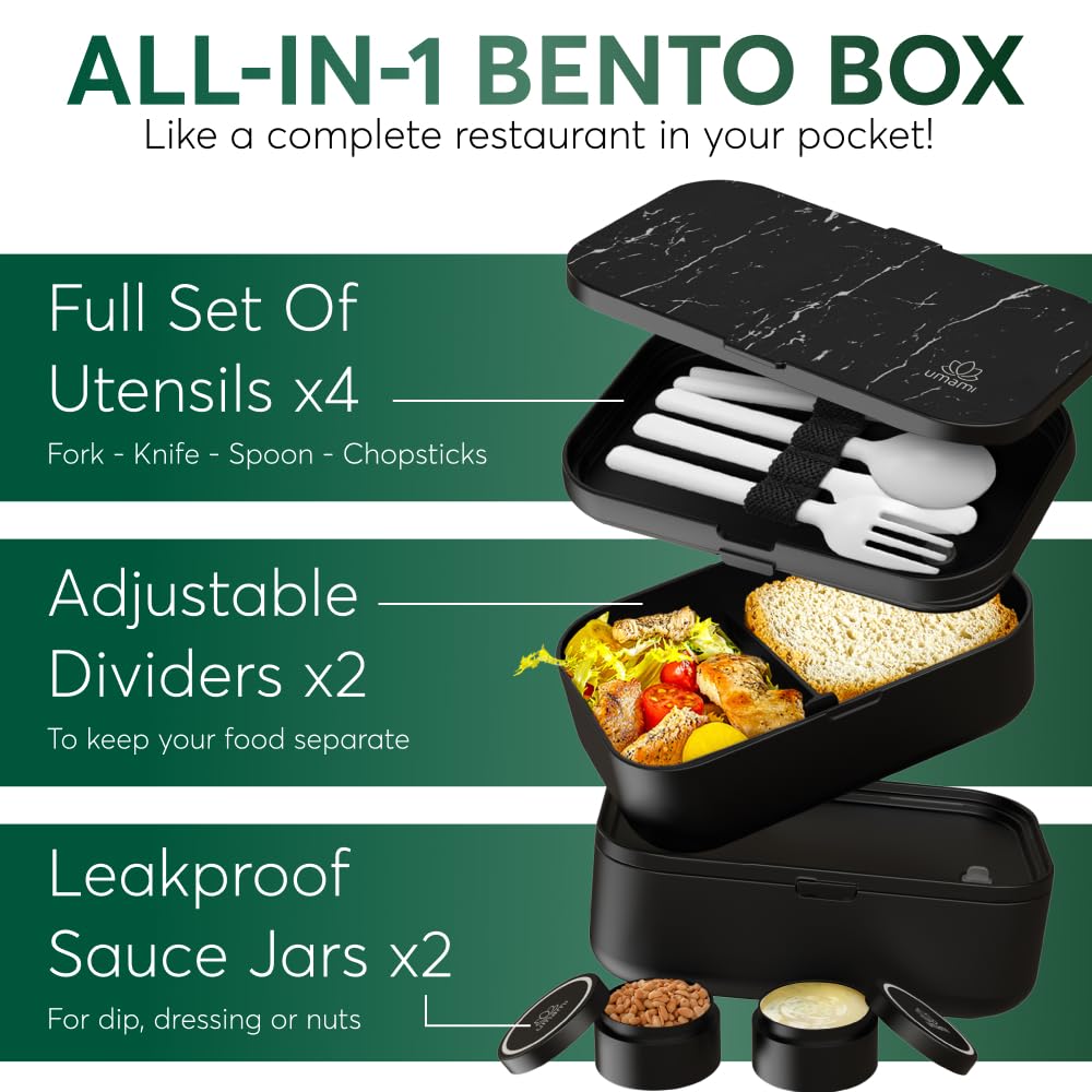 Umami Fiambrera Para Comida De Trabajo, Bento Lunch Box Japonés, Con 4 Compartimentos, Cubiertos, Recipientes Para Salsa, Caja De Almuerzo Sin BPA, Apta Para Microondas, Porta Alimentos 100% Hermética
