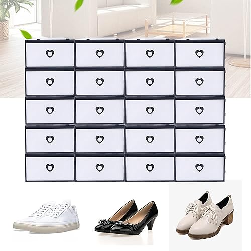 20 cajas de zapatos transparentes negras apilables, cajas de plástico, cajón, agujero de corazón, almacenamiento plegable, para hombres y mujeres,