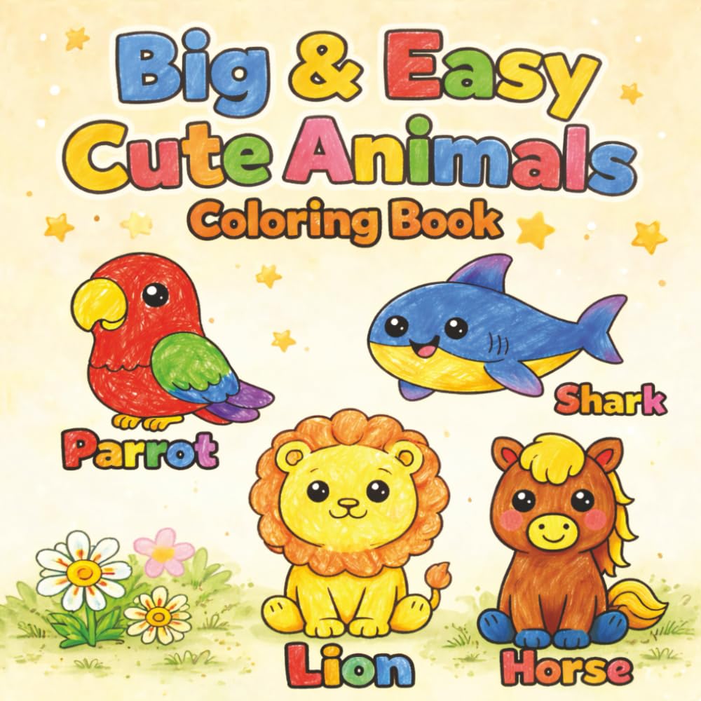 Big & Easy Cute Animals Coloring Book: Coloring Book for Toddlers 2–4 Featuring 48 Big Simple Designs with Bold Thick Lines for Preschool and Kindergarten Kids