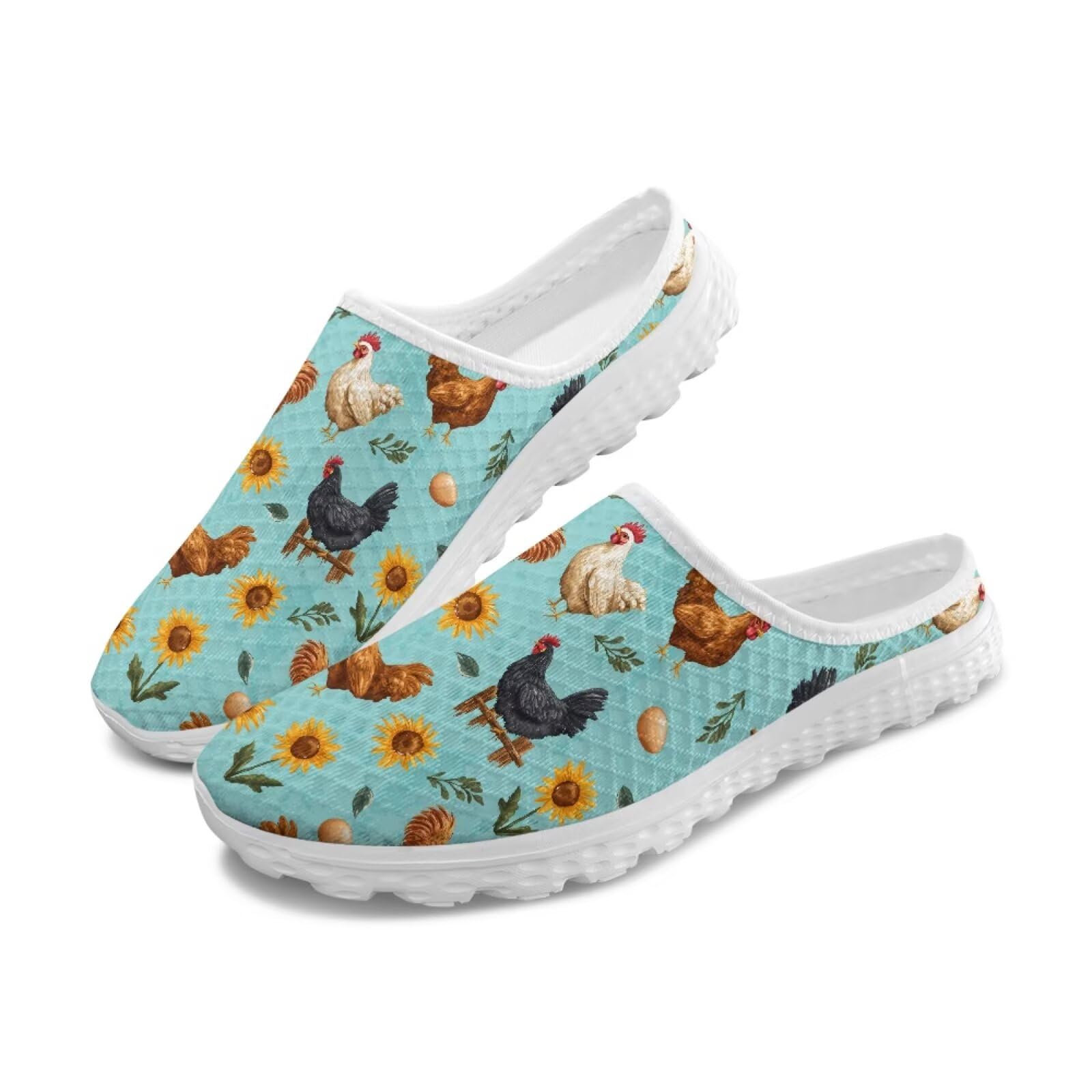 Pynewomyt Farm Chicken Sunflower Green Print Water Shoes for Women Slip On Mesh Barefoot Shoes Womens Mules Casual Aqua Flats with Non Slip Sole Closed Toe Slides