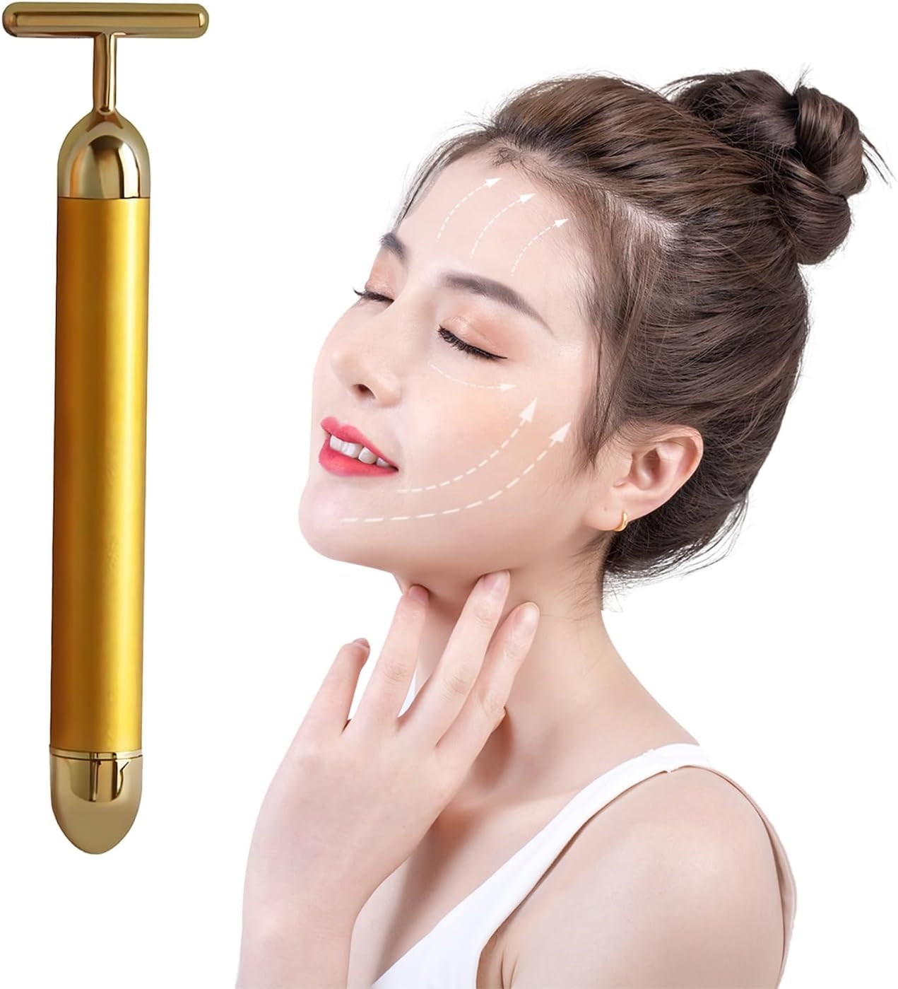 24k Golden Pulse Facial Massager, T-Shape Electric Face Roller for Anti-Aging, Skin Firming, and Lifting, Metal Gua Sha Roller for Face, Neck, Eye, Body, Beauty Bar for Women
