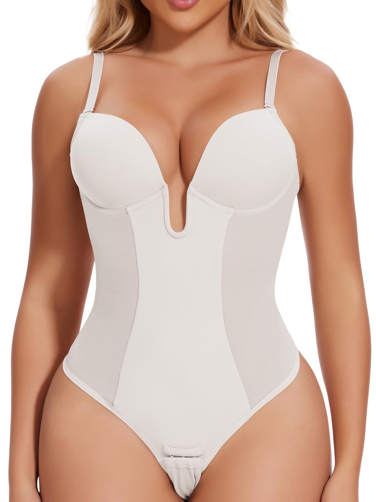 JOYSHAPER Women Shapewear Bodysuit Built in Bra Tummy Control U Plunge Backless Body Shaper Bra Thong Body Suits