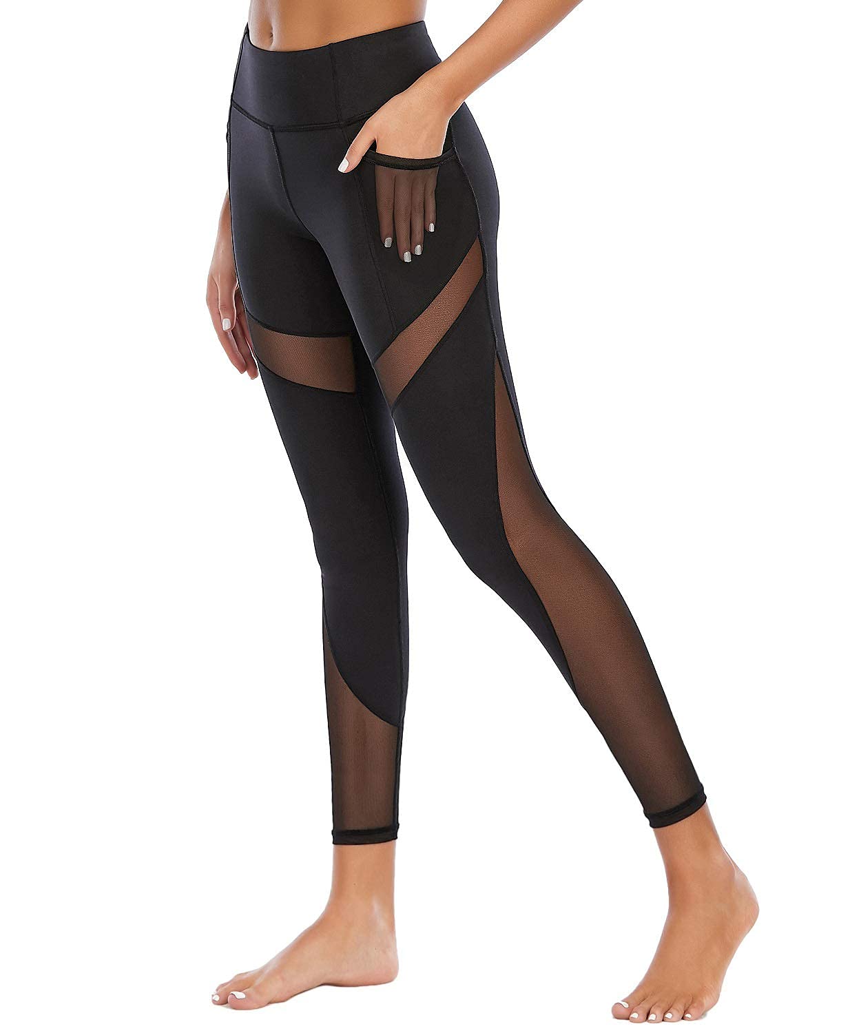 CSTOWN Pantalones de yoga de cintura alta con bolsillos laterales de malla elástica, leggings de entrenamiento, control de barriga, mallas de yoga - negro - X-Large