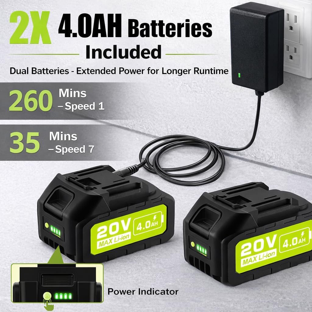 Cordless Leaf Blower for Small to Medium Yards - 2×4Ah Batteries, Lightweight Battery Powered Leaf Blower with 7-Speed Control & 2 Tubes for Patio, Driveway, Light Debris