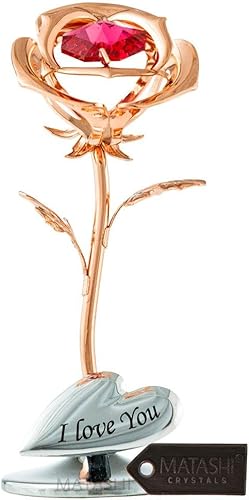 Matashi Adorno de mesa con diseño de flor de rosa chapada en oro de 24 quilates con pétalos de cristal rojos (oro rosa) Elegante día de la madre,