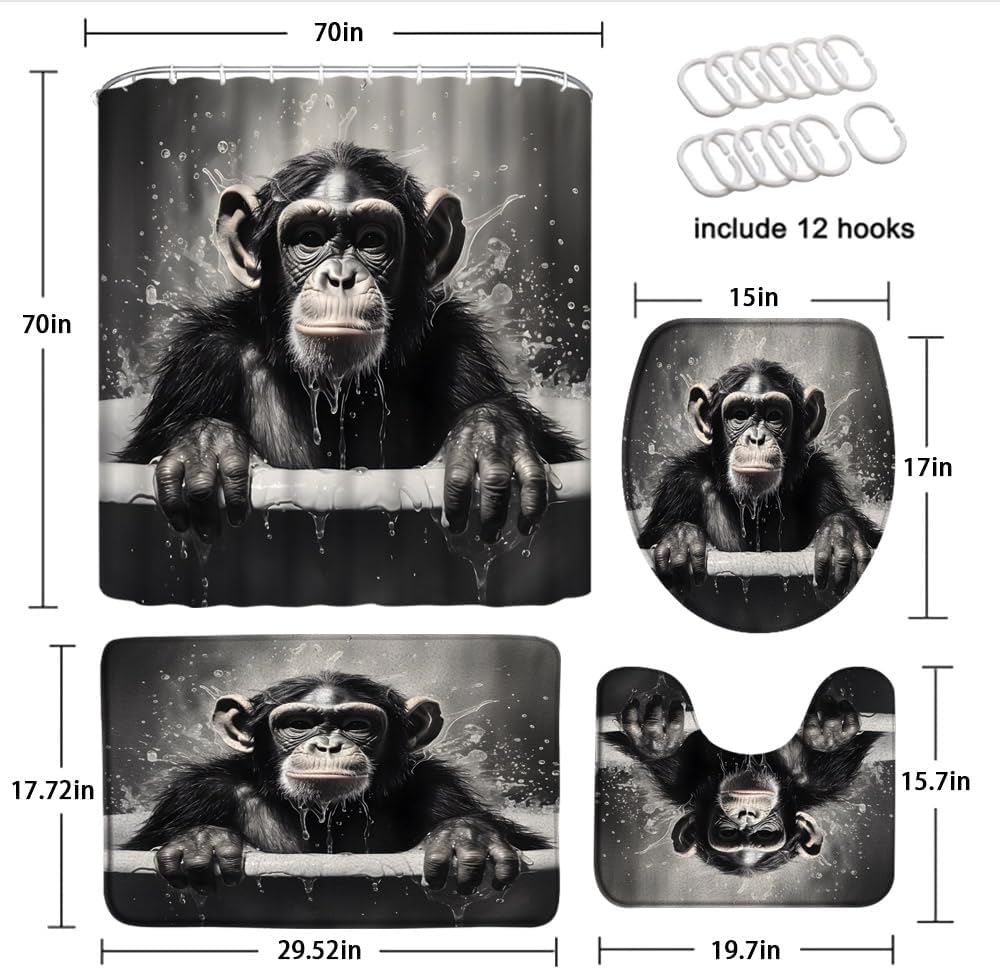 4 Piece Black Gorilla Shower Curtain Set with Rugs, Toilet Lid Cover ,Funny Gorilla Taking Shower Wildlife Monkey on Raindrop Background Humorous Creative Animal Bathroom Shower Curtain with Hooks