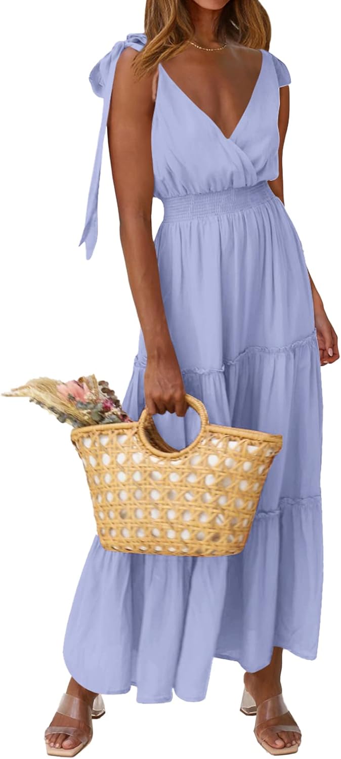 PRETTYGARDEN Women's Cross Neck Spring Sleeveless Tiered Maxi Dress Beach Tie Strap Smocked Long Dresses Pleated Sundress