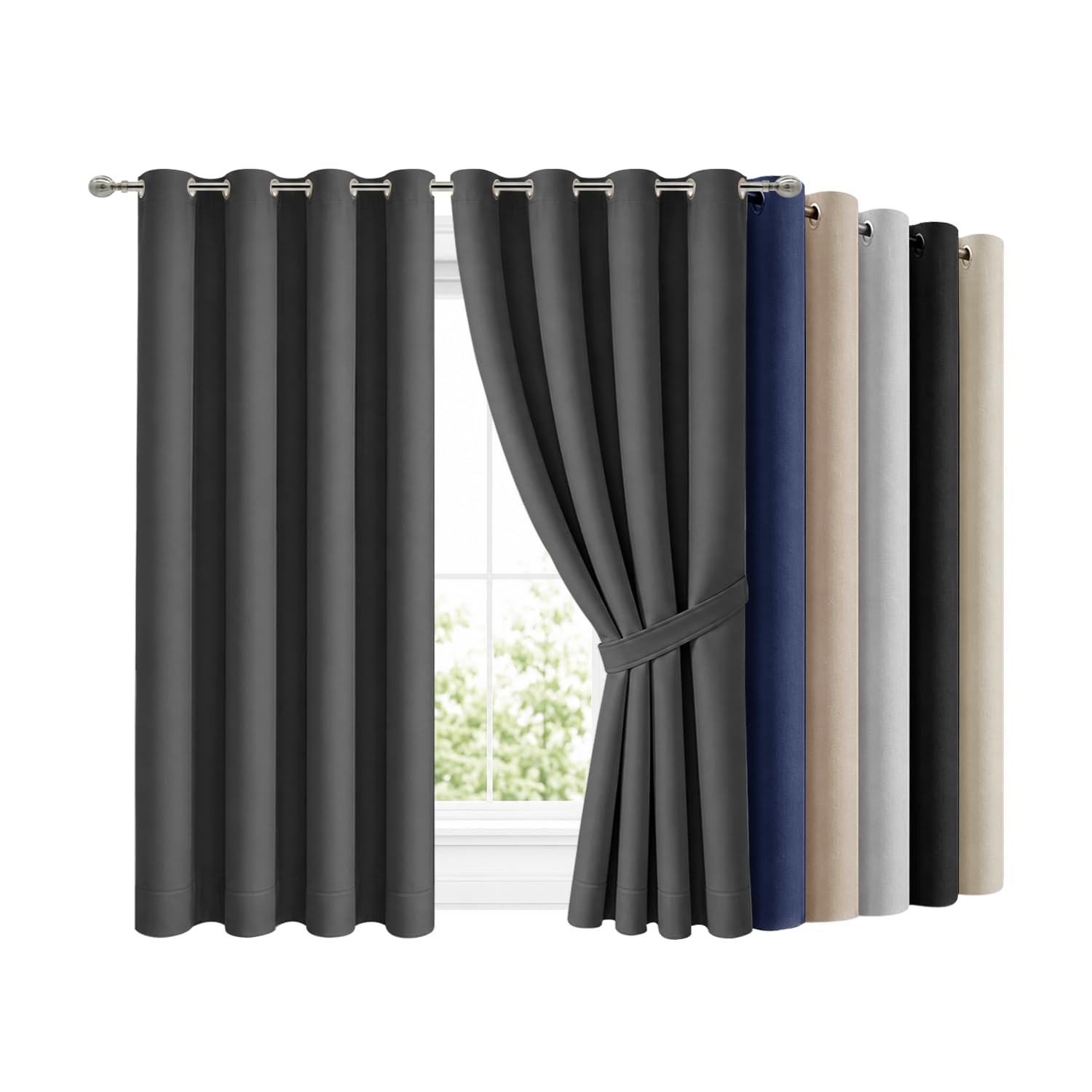 Hafaa Blackout Curtains for Bedroom Grey 46x72 Inch Eyelet Curtains for Living Room Super Soft Thermal Insulated Curtain and Drapes 2 Panels with Tiebacks