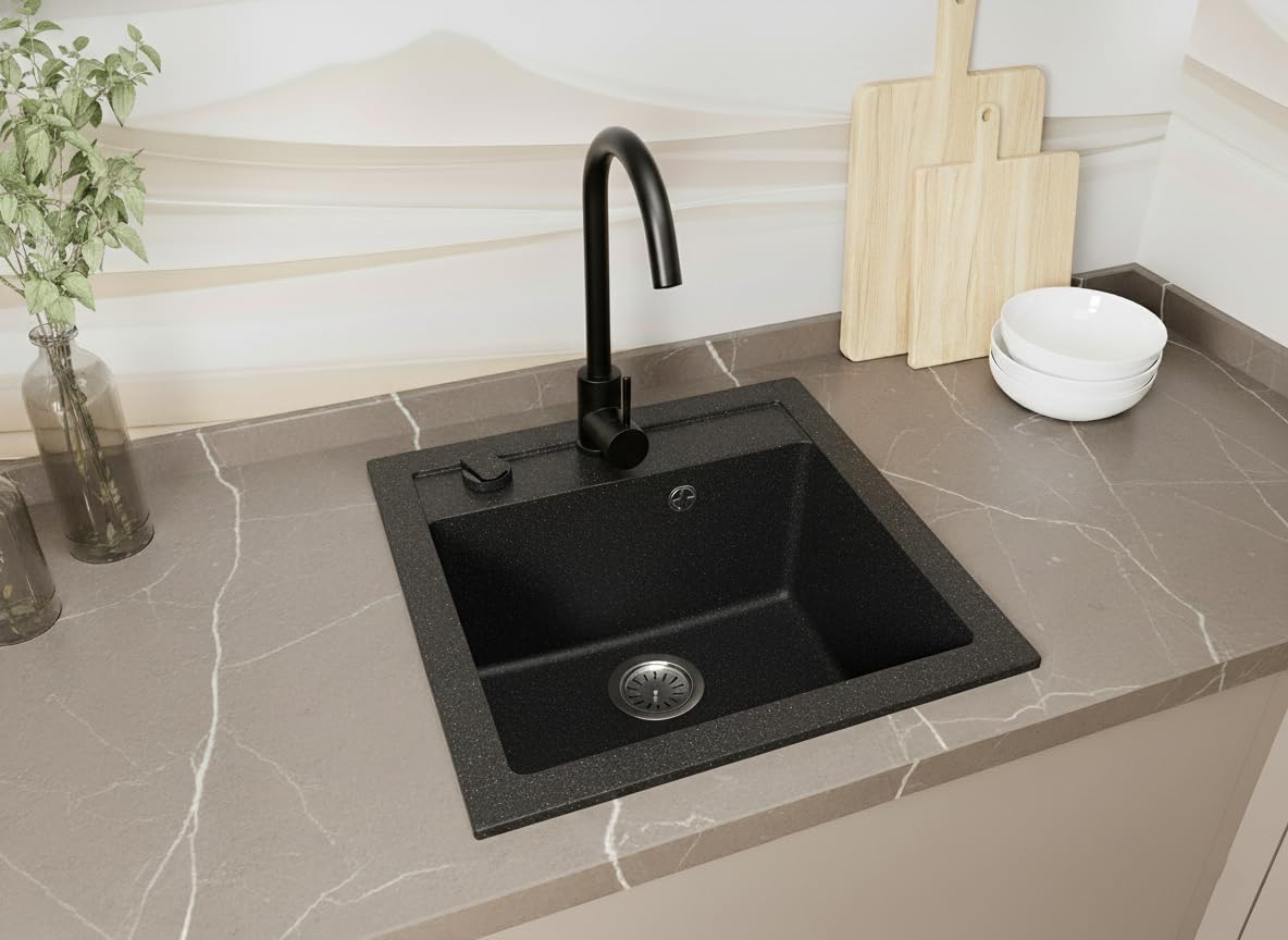 Faizee Home | Spülbecken Granit Schwarz 49x52 cm | Hochwertige Küchenspüle & Einbauspüle | Eckiges Spülbecken | Beidseitig montierbare Granitspüle | Einbaugranitspüle ab 45 cm | Inkl. Siphon-Set
