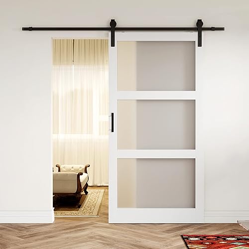 Puerta corrediza de granero de vidrio esmerilado de 3 paneles de 42 x 84 pulgadas, kit de herramientas incluido, requiere montaje, superficie de PVC