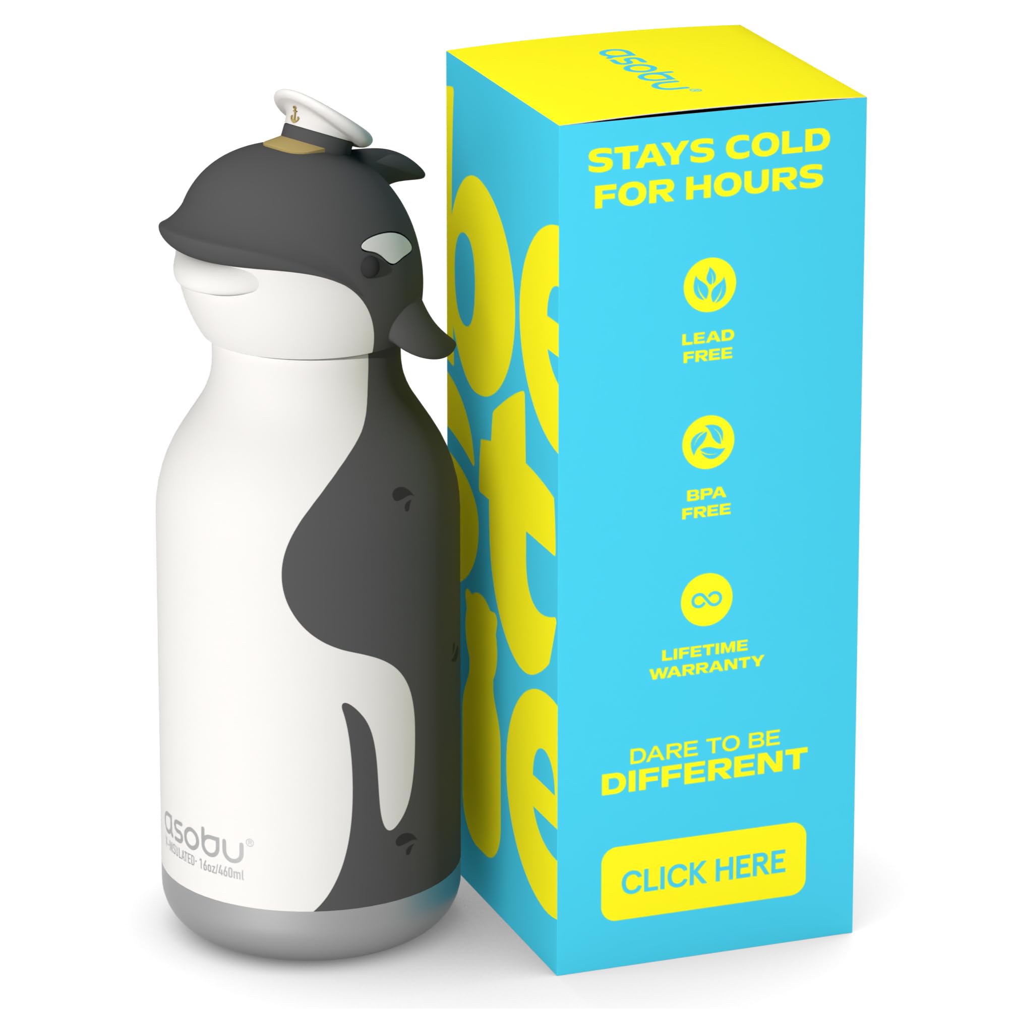 asobu Bestie Bottle Limited Edition Collectible Kids Water Bottle with Animal Character Lid 16oz (460ml) Insulated Stainless Steel, Leakproof, Reusable with Straw Fun Gift for Girls & Boys
