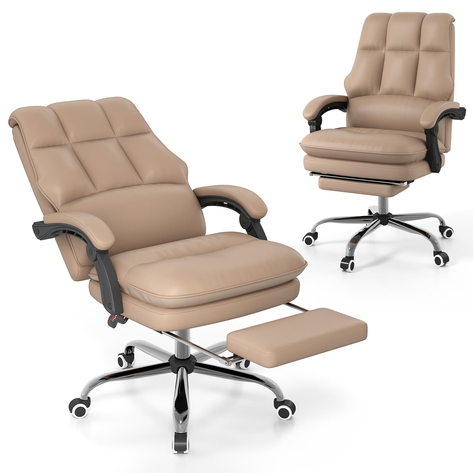 COSTWAY Ergonomischer Bürostuhl mit einziehbarer Fußstütze, Chefsessel mit Verstellbarer hoher Rückenlehne, weich gepolsterter Schreibtischstuhl aus Kunstleder, Computerstuhl, Kaffee
