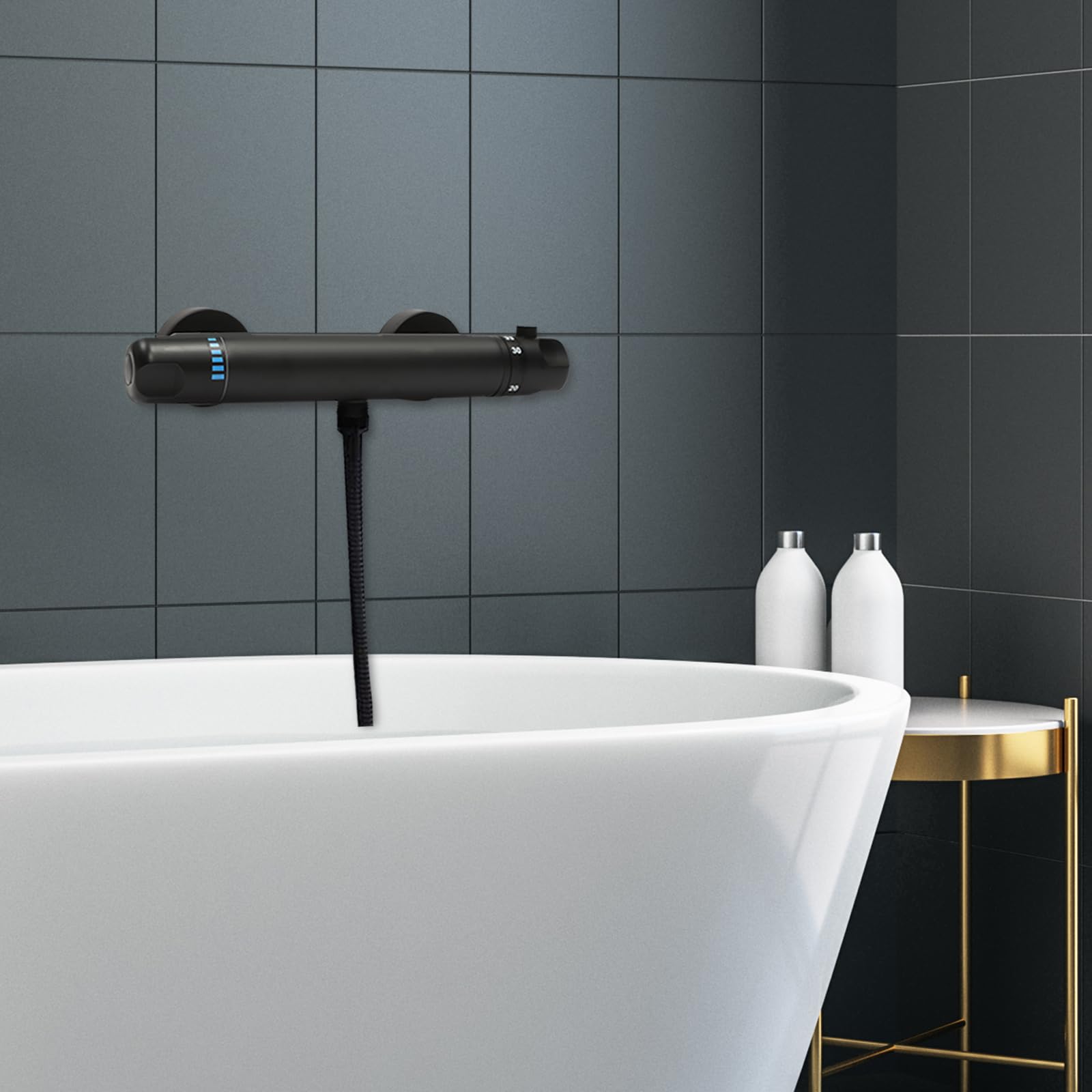 Robinet de douche thermostatique, mitigeur de douche, mitigeur noir, vanne de chauffage (noir et bleu)