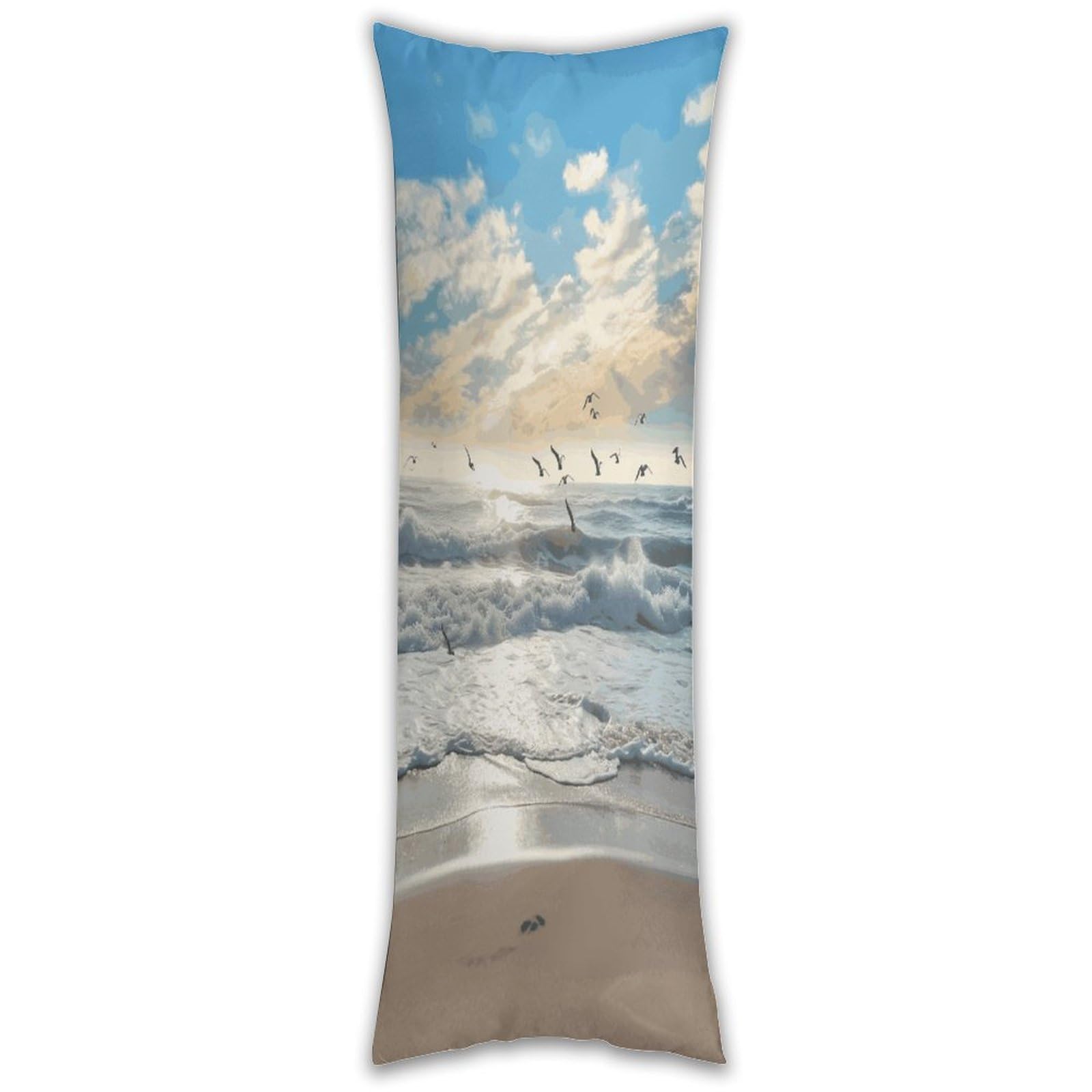 Waves on The Beach with Sea Birds Long Pillow Case with Zipper Ultra Soft Microfiber Long Pillow Cover Breathable Body Pillow Protector Soft Wrinkle Pillowcase for Bed Sofa Bedroom 53 X 19 in
