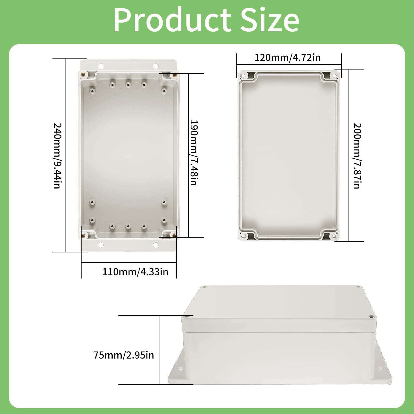 Caja de conexión para electrónica, caja de derivación impermeable IP65, caja de distribución de pared, caja de proyecto electrónico, caja de conexión (Gris-blanco con orejas, 200x120x75mm)