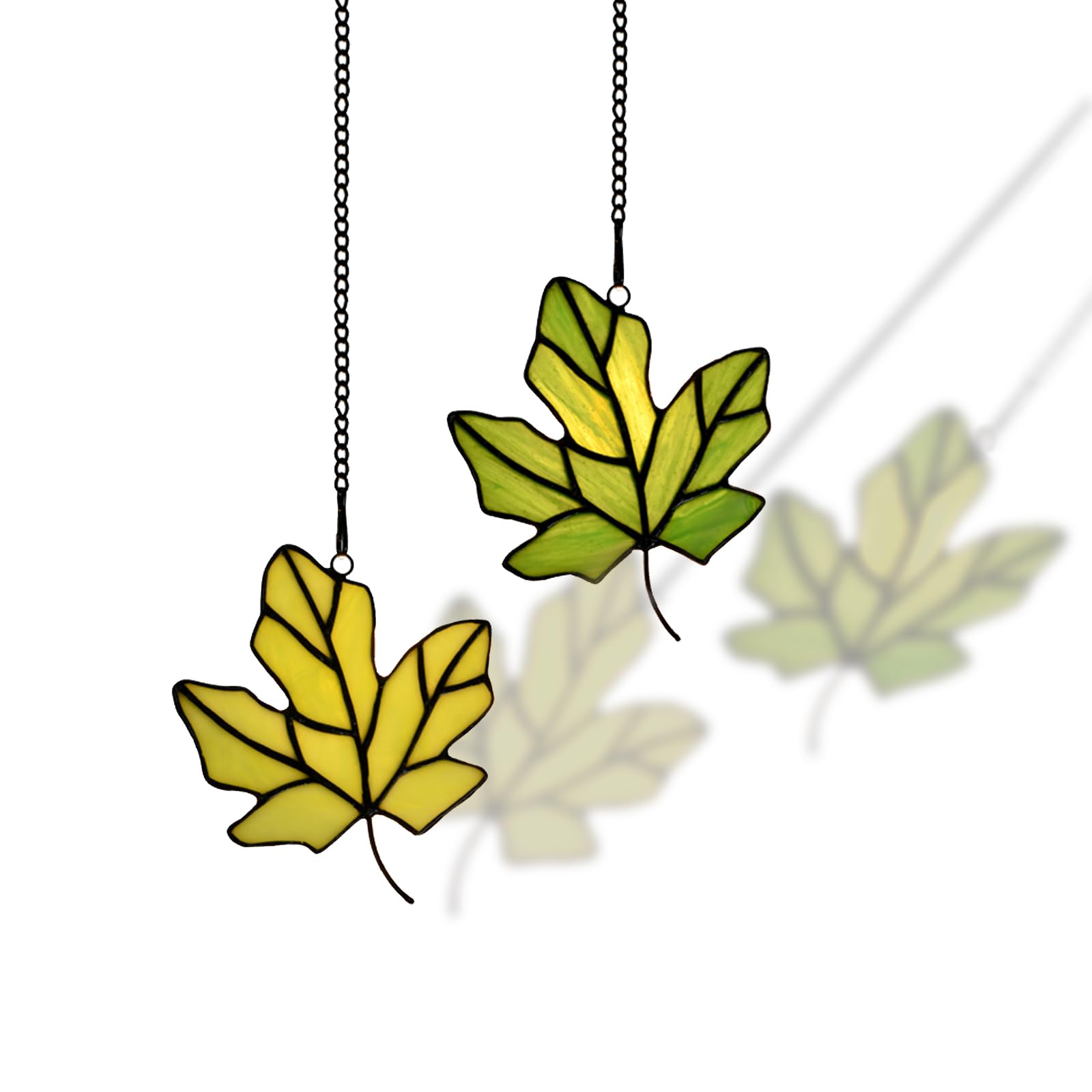 HomeBeauty PA0015 Maple Leaf Suncatcher, Stained Glass Window Hanging, Tiffany Style Leaves Decorations Gifts (Maple Leaf, Green, Set of 2)
