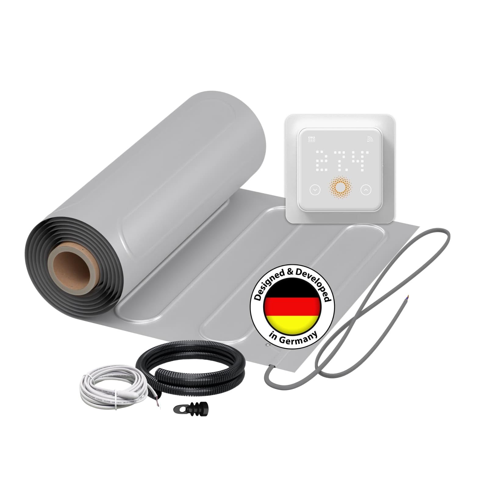 Elektryczne ogrzewanie podłogowe do laminatu: 2 x mata grzewcza WARMON ALU 150 W/m² (15 + 10 m²) w zestawie TS 500 Touch WiFi termostat czarny - 25 m², termostat: TS 500 WiFi biały, rozmiar maty: 10