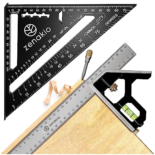 ZENAKIO Equerre Menuisier (Set de 2) - Kit Complet Équerres de Charpentier 12-EN-1 - Équerre Trusquin Metal 185mm + Outils de Traçage 300mm - Equerres Multifonctionnels pour Bricolage Outillage, Noir
