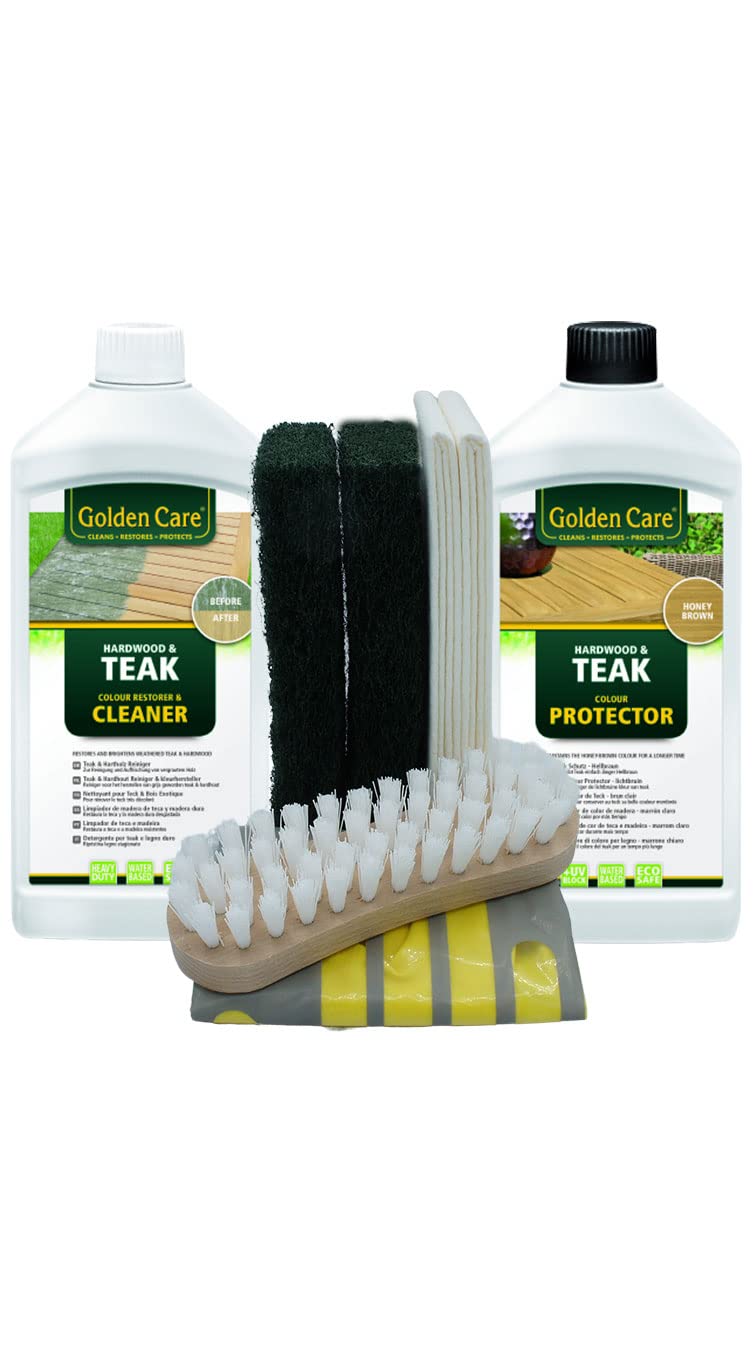 GOLDEN CARE Teak Protector + Cleaner Holzpflegeset 8tlg. Holz Reiniger Holzschutz Holzpflege für Gartenmöbel